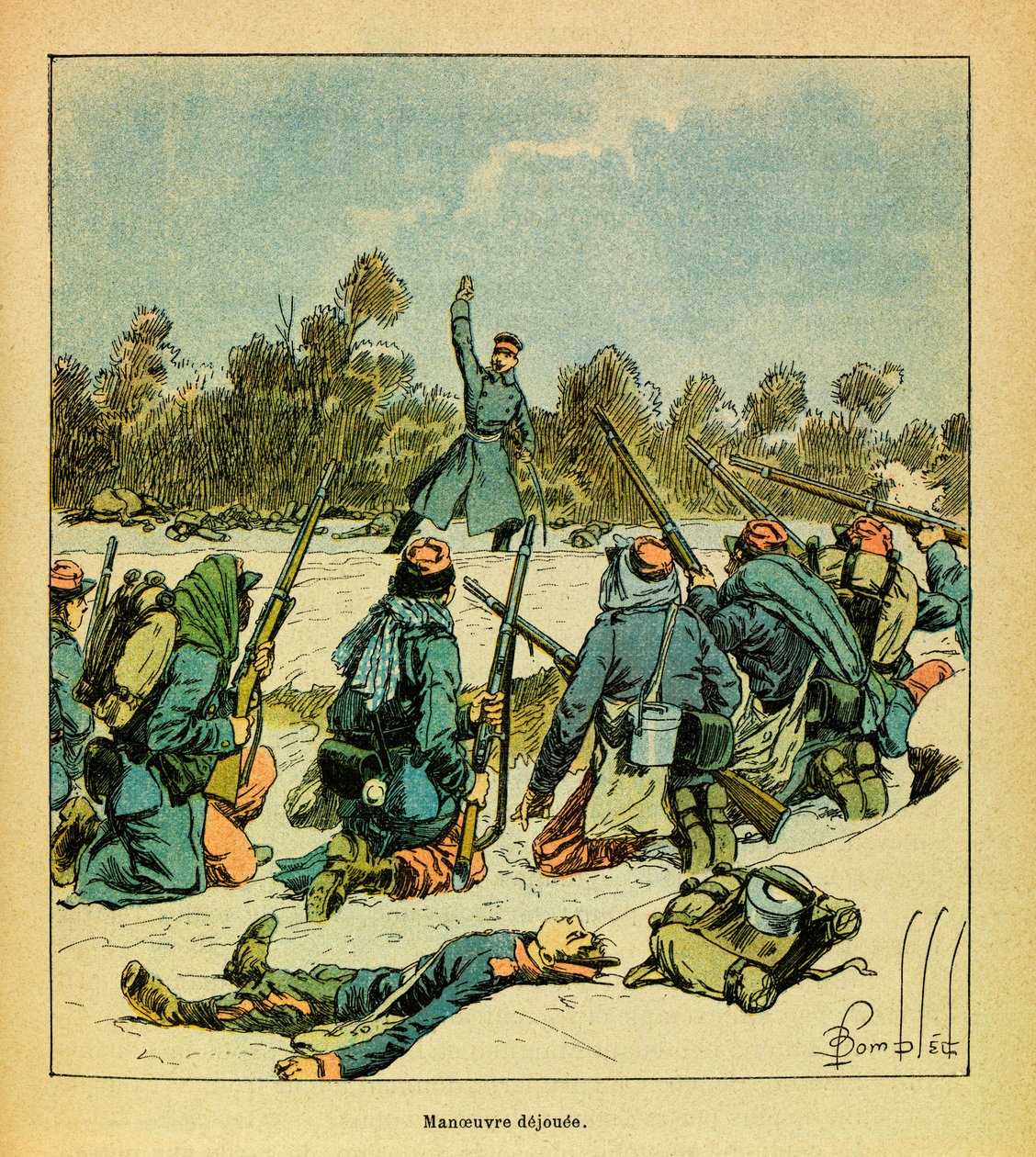 A Armee Oriental do Sargento Eugene, conhecida como Grenest, ilustrada por Louis Bombled (1862-1927) (Guerra Franco-Alemã; campanha de 1870 -1871): Janeiro de 1871, Hericourt, os franceses contra os prussianos, Coleção Privada de Louis Charles Bombled