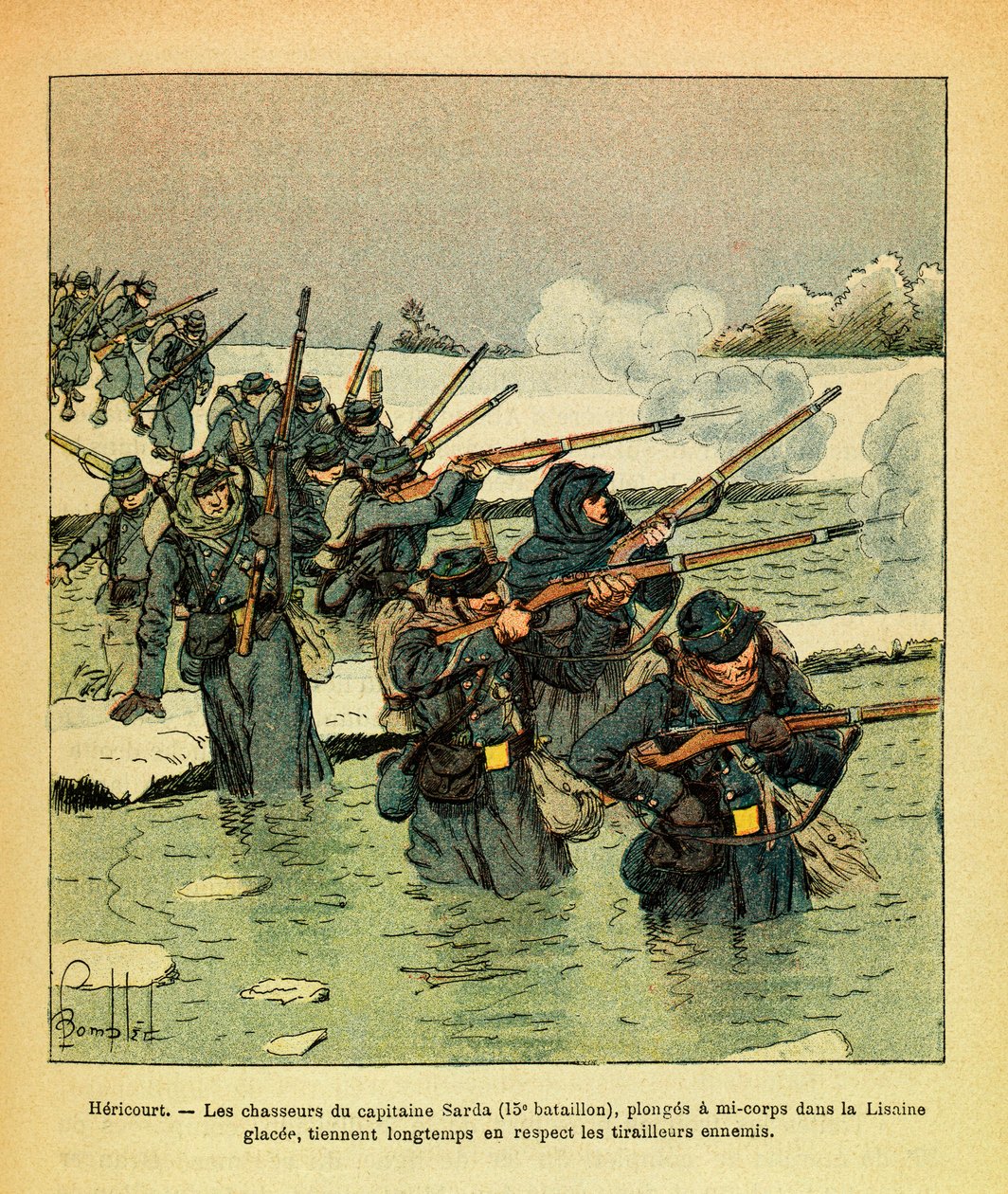 A Armee Oriental do Sargento Eugene, conhecida como Grenest, ilustrada por Louis Bombled (1862-1927) (Guerra Franco-Alemã; campanha de 1870 -1871): Janeiro de 1871, Hericourt, os caçadores do Capitão Sarda mergulham meio corpo no Ice Lisaine, mantêm por mu de Louis Charles Bombled