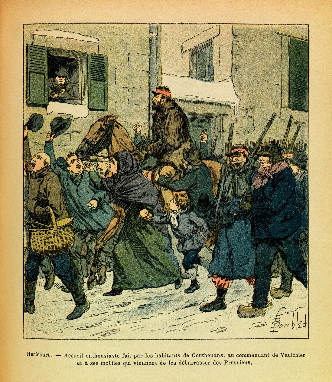 A Armee Oriental do Sargento Eugene, conhecida como Grenest, ilustrada por Louis Bombled (1862-1927) (Guerra Franco-Alemã; campanha de 1870 -1871): Janeiro de 1871, Hericourt, entusiasmo feito pelos habitantes de Couthenans, ao comandante de Vaulchier e ao de Louis Charles Bombled