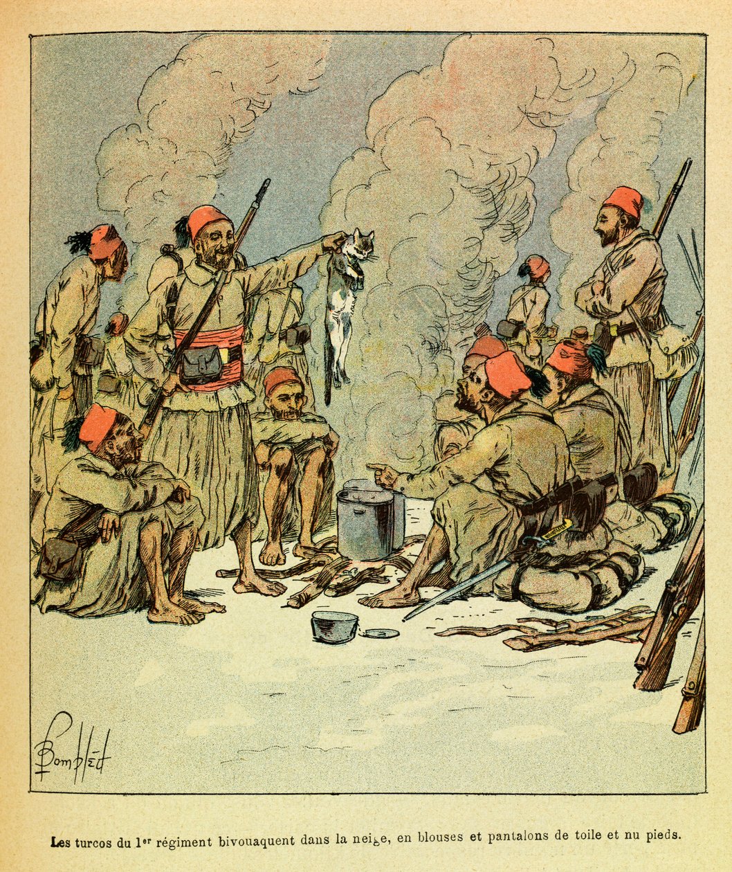 A Armee Oriental do Sargento Eugene, conhecida como Grenest, ilustrada por Louis Bombled (1862-1927) (Guerra Franco-Alemã; campanha de 1870 -1871): Janeiro de 1871, os Turcos do 1º regimento bivouaent na neve, em blusas e calças de lona e taxa nua de Louis Charles Bombled