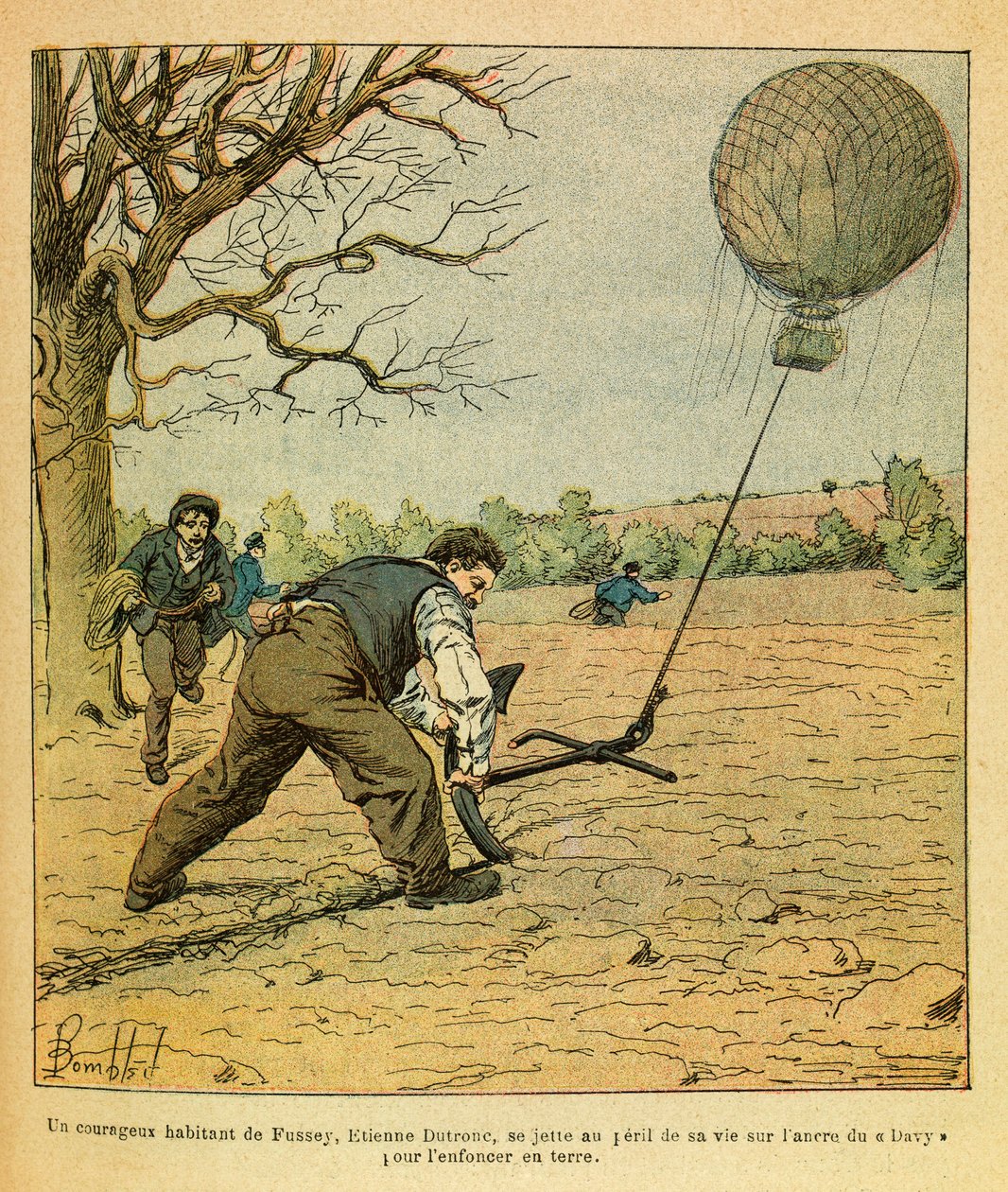 A Armee Oriental do Sargento Eugene, conhecida como Grenest, ilustrada por Louis Bombled (1862-1927) (Guerra Franco-Alemã; campanha de 1870 -1871): Batalha de Noites Saint Georges; os camponeses tentam segurar um balão de observação, Coleção Privada de Louis Charles Bombled