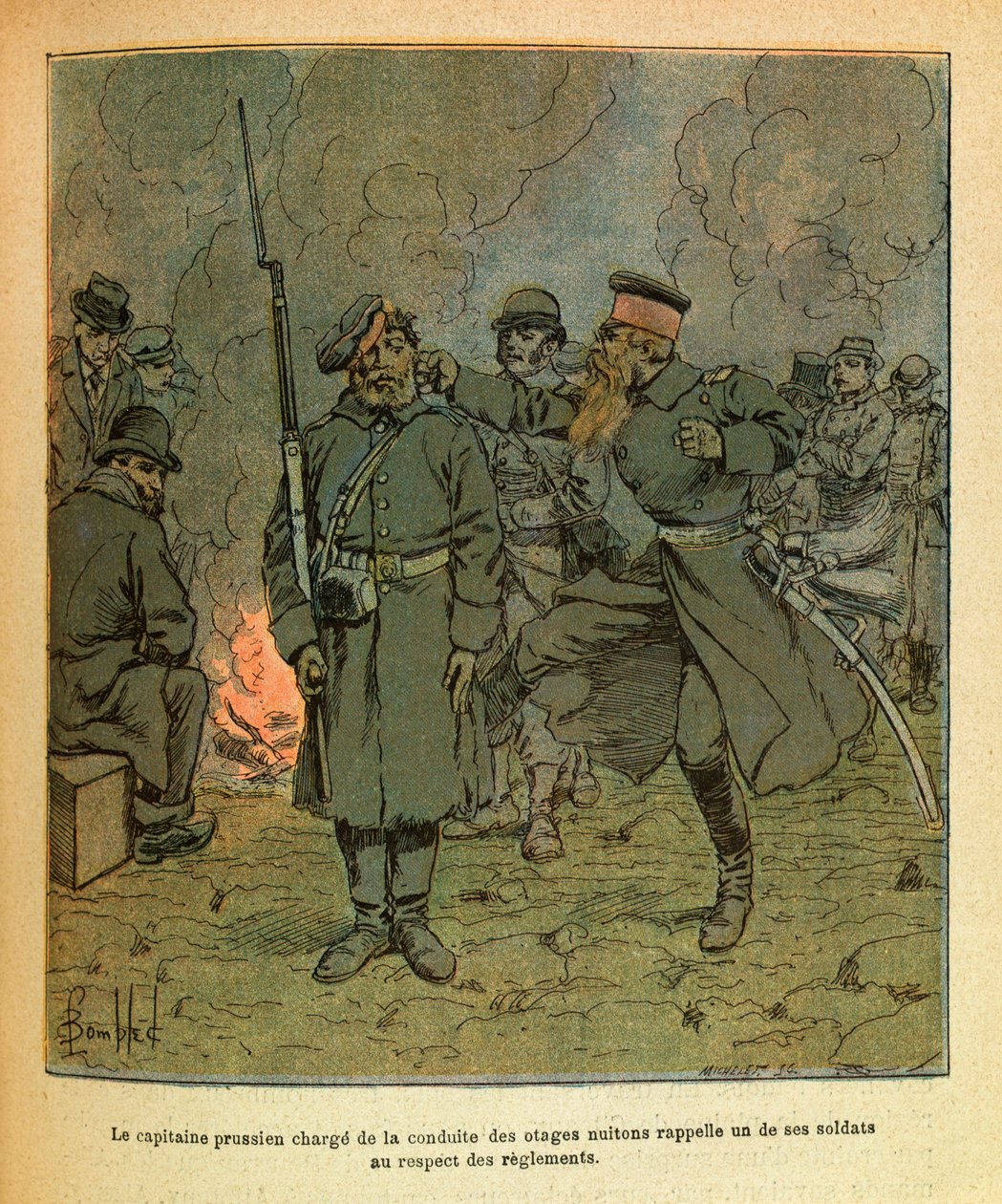 A Armee Oriental do Sargento Eugene, conhecida como Grenest, ilustrada por Louis Bombled (1862-1927) (Guerra Franco-Alemã; campanha de 1870-1871): Um capitão prussiano encarregado da conduta dos reféns de Nuits Saint Georges recorda um dos seus soldados em de Louis Charles Bombled