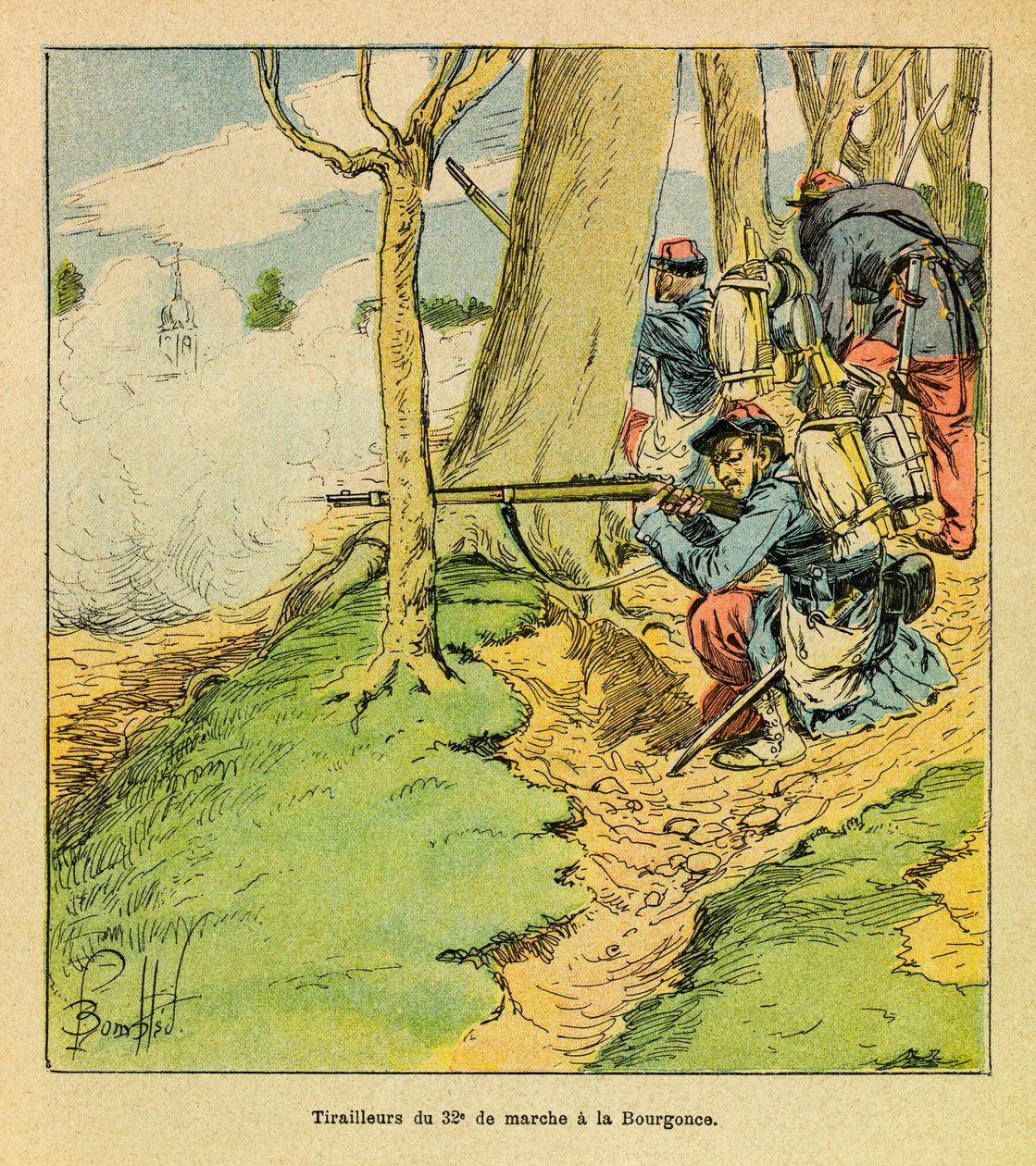 A Armee Oriental do Sargento Eugene, conhecida como Grenest, ilustrada por Louis Bombled (1862-1927) (Guerra Franco-Alemã; campanha de 1870-1871): Sob as ordens do General Dupre, sapateiro da 32ª marcha na Batalha de La Bourgonce em outubro de 1870, Priva de Louis Charles Bombled