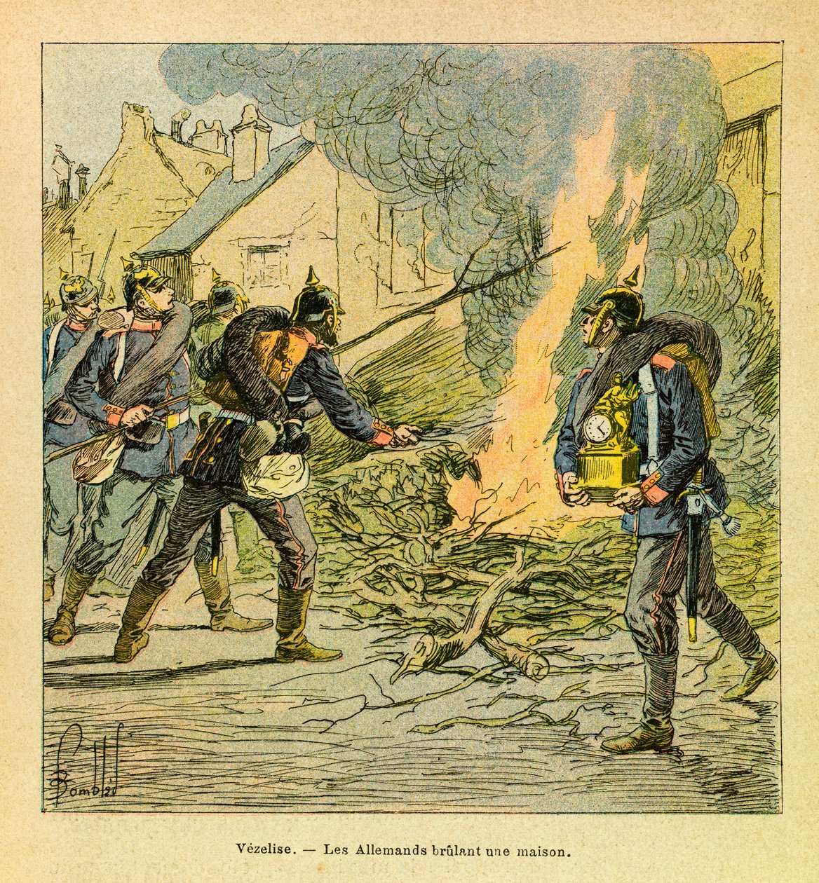 A Armee Oriental do Sargento Eugene, conhecida como Grenest, ilustrada por Louis Bombled (1862-1927) (Guerra Franco-Alemã; campanha de 1870-1871): Em Vezelise, os prussianos depois de invadirem a cidade, queimam uma casa, Coleção Privada de Louis Charles Bombled