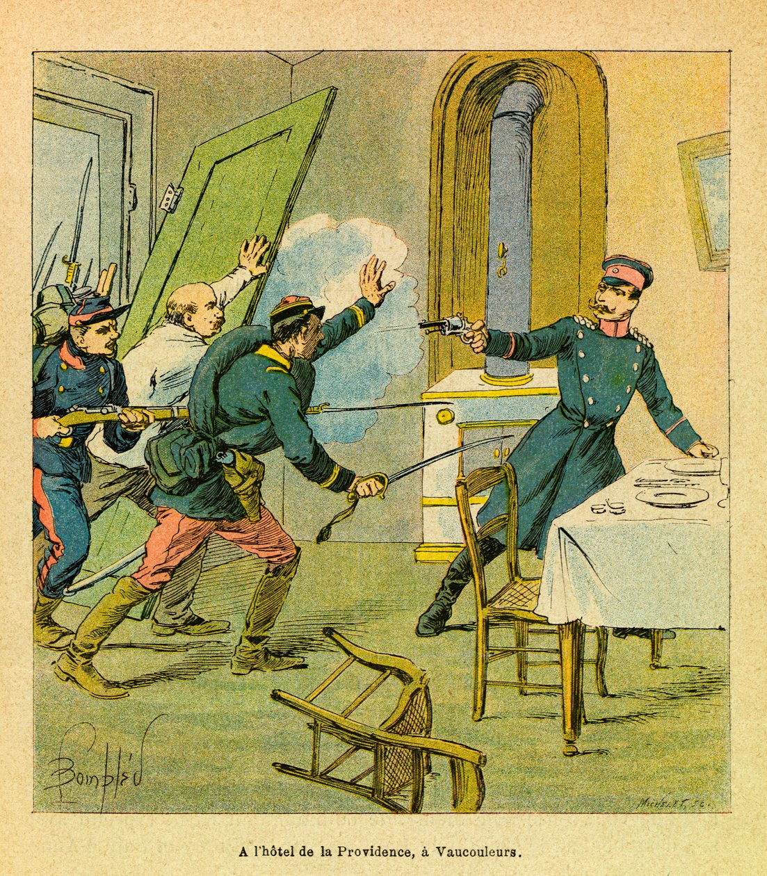 A Armee Oriental do Sargento Eugene, conhecida como Grenest, ilustrada por Louis Bombled (1862-1927) (Guerra Franco-Alemã; campanha de 1870 -1871): Um oficial prussiano feito prisioneiro por motivos franceses em Vaucouleurs, Coleção Privada de Louis Charles Bombled