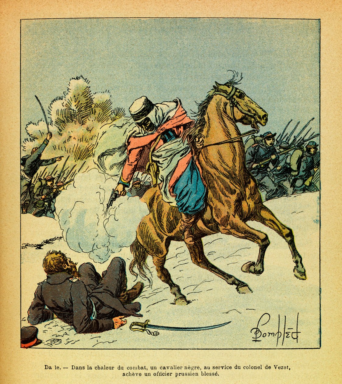 A Armee Oriental do Sargento Eugene, conhecida como Grenest, ilustrada por Louis Bombled (1862-1927) (Guerra Franco-Alemã; campanha de 1870 -1871): Janeiro de 1871, um cavaleiro negro ao serviço do Coronel De Vezet completa um oficial prussiano ferido, Col de Louis Charles Bombled