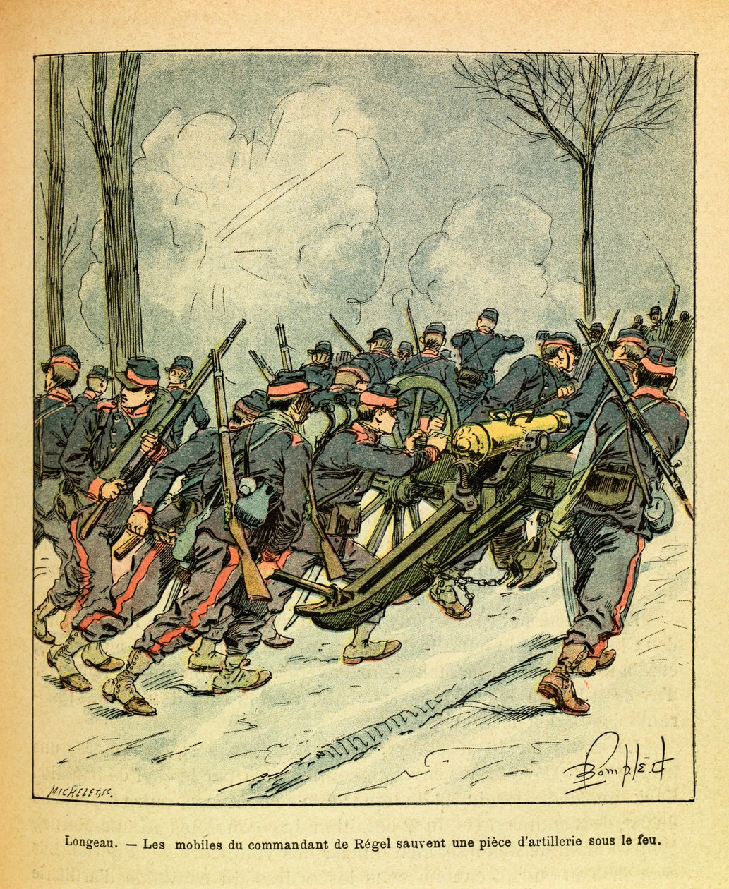 A Armee Oriental do Sargento Eugene, conhecida como Grenest, ilustrada por Louis Bombled (1862-1927) (Guerra Franco-Alemã; campanha de 1870-1871): Dezembro de 1870, durante a Batalha de Longeau, os motivos do comandante de Regel resgataram um canhão sob fo de Louis Charles Bombled