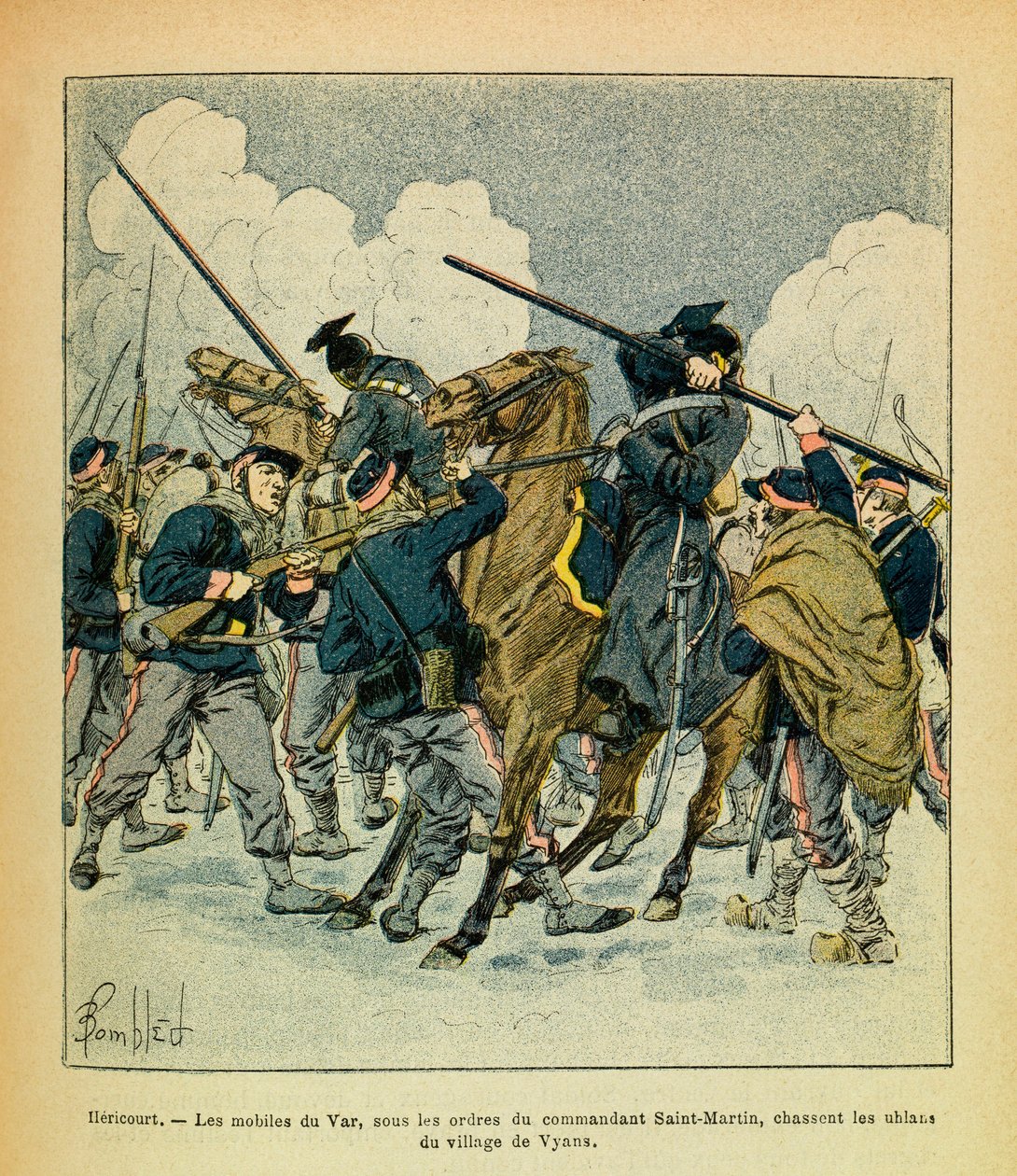 A Armee Oriental do Sargento Eugene, conhecida como Grenest, ilustrada por Louis Bombled (1862-1927) (Guerra Franco-Alemã; campanha de 1870 -1871): Janeiro de 1871, Hericourt, os motivos do Var, sob as ordens do comandante Saint Martin, caçam os Uhlans f de Louis Charles Bombled