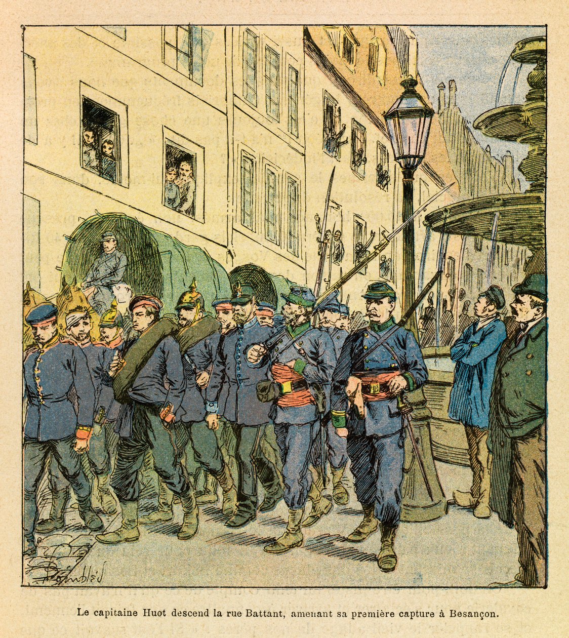 A Armee Oriental do Sargento Eugene, conhecida como Grenest, ilustrada por Louis Bombled (1862-1927) (Guerra Franco-Alemã; campanha de 1870-1871): Capitão Huot desce a Rue Battant em Besancon com prisioneiros prussianos capturados em Bethoncourt les Brotte de Louis Charles Bombled