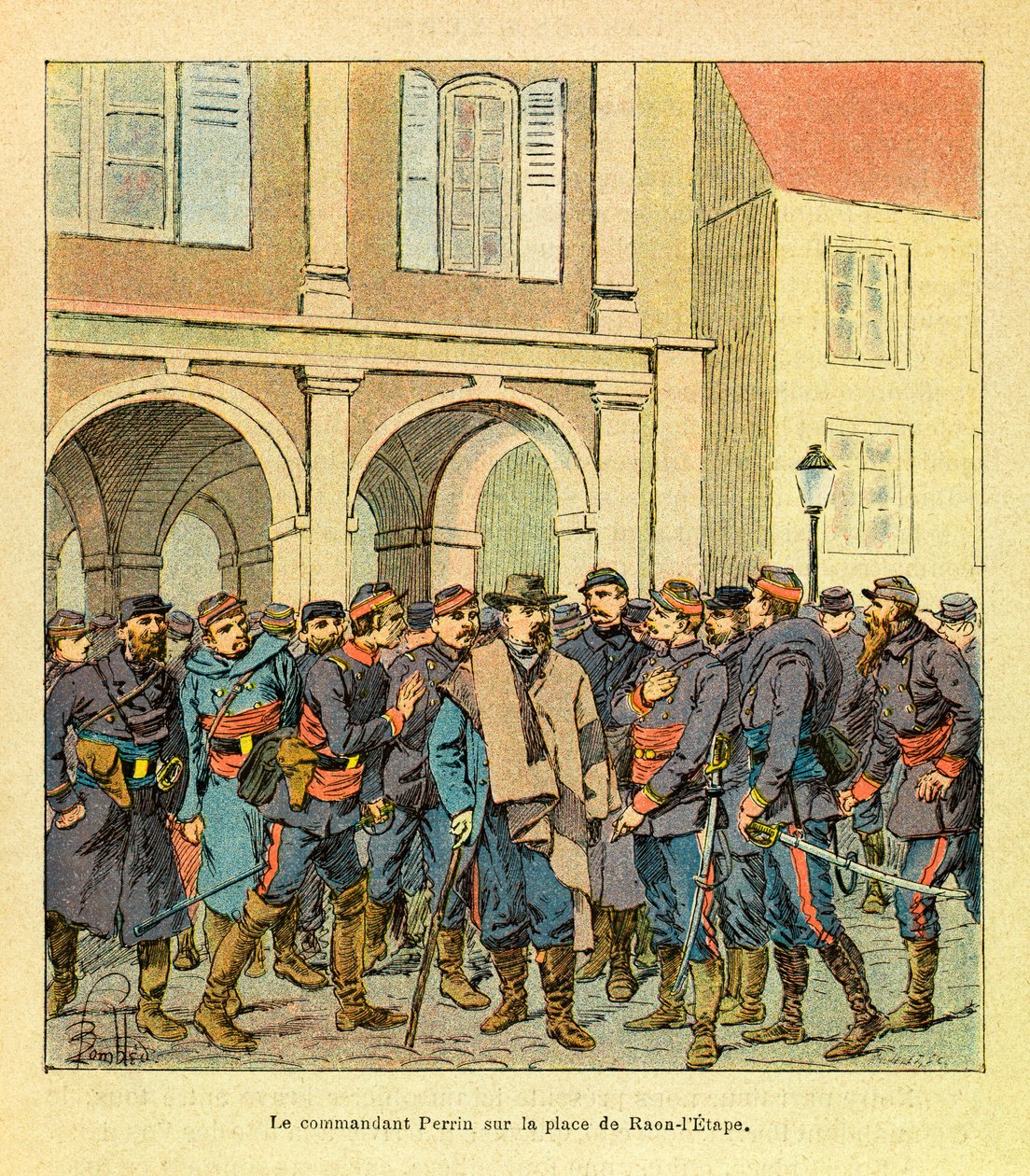 A Armee Oriental do Sargento Eugene, conhecida como Grenest, ilustrada por Louis Bombled (1862-1927) (Guerra Franco-Alemã; campanha de 1870 -1871): Comandante Perrin no Place de Raon-l