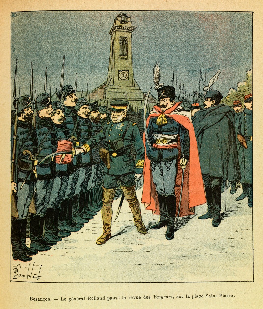 A Armee Oriental do Sargento Eugene, conhecida como Grenest, ilustrada por Louis Bombled (1862-1927) (Guerra Franco-Alemã; campanha de 1870-1871): Em Besancon, o General Rolland revê a companhia "Avengers" encomendada por Malicki, Private Collection de Louis Charles Bombled