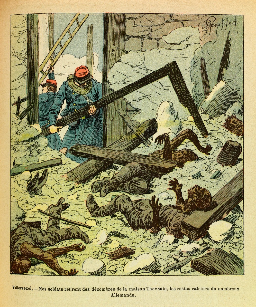 A Armee Oriental do Sargento Eugene, conhecida como Grenest, ilustrada por Louis Bombled (1862-1927) (Guerra Franco-Alemã; campanha de 1870 -1871): Janeiro de 1871, Batalha de Villersexel, soldados franceses retiram de uma casa os restos mortais dos soldad de Louis Charles Bombled