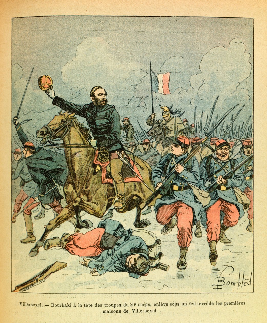 A Armee Oriental do Sargento Eugene, conhecida como Grenest, ilustrada por Louis Bombled (1862-1927) (Guerra Franco-Alemã; campanha de 1870-1871): Janeiro de 1871, o General Bourbaki, à frente das tropas do 20º Corpo, levou os abetos sob um terrível incênd de Louis Charles Bombled