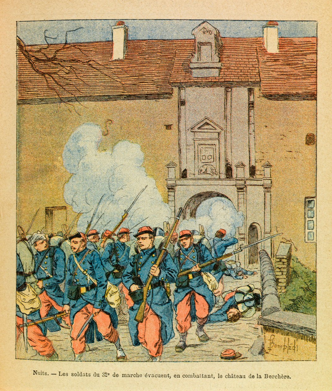A Armee Oriental do Sargento Eugene, conhecida como Grenest, ilustrada por Louis Bombled (1862-1927) (Guerra Franco-Alemã; campanha de 1870 -1871): Batalha da Noite Saint Georges; os soldados dos 32, eme de marche evacuam enquanto combatem o castelo de La  de Louis Charles Bombled