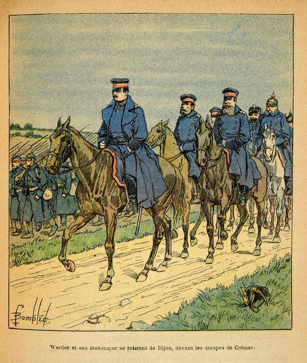 A Armee Oriental do Sargento Eugene, conhecida como Grenest, ilustrada por Louis Bombled (1862-1927) (Guerra Franco-Alemã; campanha de 1870 -1871): O General Werder e seu Estado-Maior General de Dijon perante as tropas do General Cremer, Coleção Privada de Louis Charles Bombled