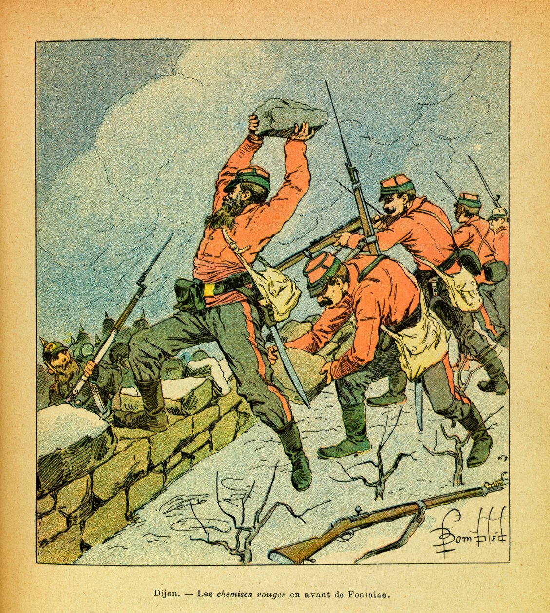A Armee Oriental do Sargento Eugene, conhecida como Grenest, ilustrada por Louis Bombled (1862-1927) (Guerra Franco-Alemã; campanha 1870-1871): As camisas vermelhas de garibaldi em frente a Fontaine durante as batalhas de Dijon em janeiro de 1871, Coleção  de Louis Charles Bombled