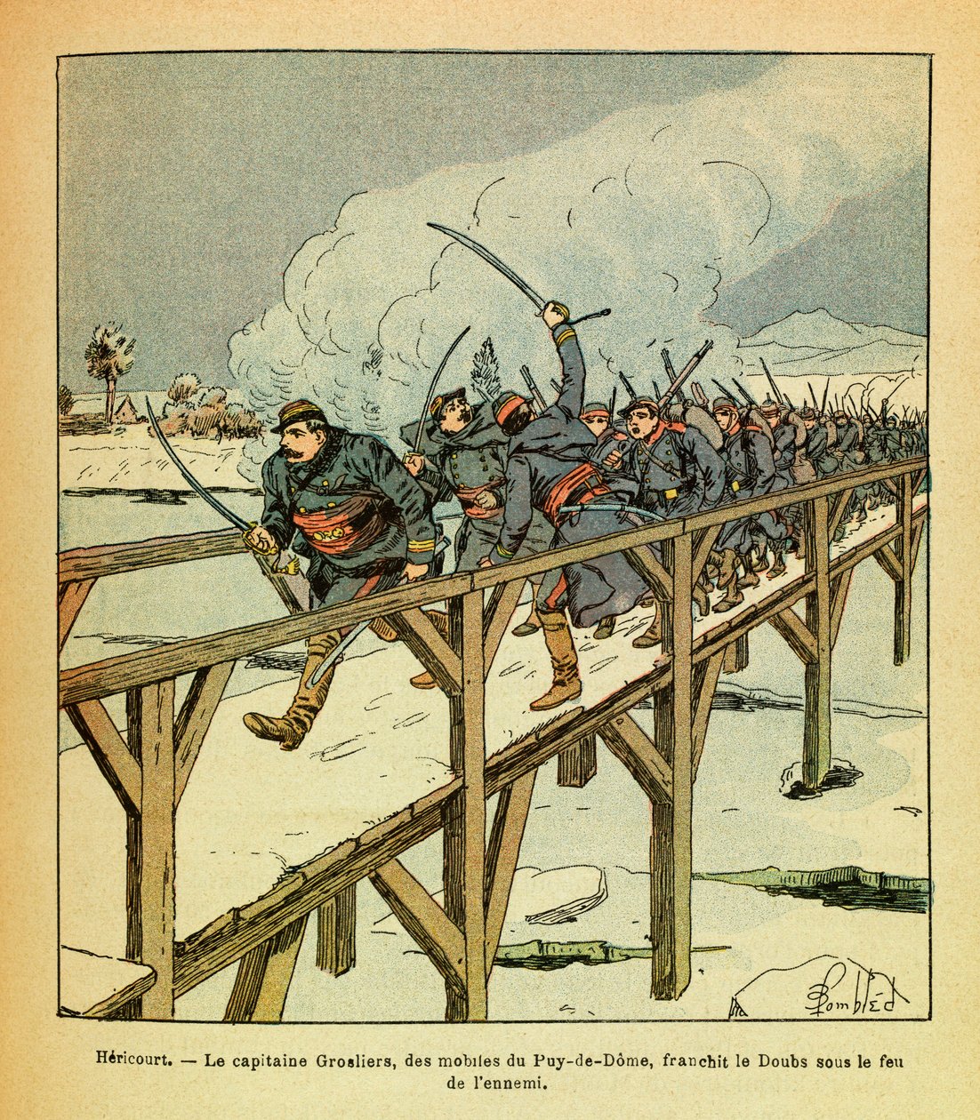 A Armee Oriental do Sargento Eugene, conhecida como Grenest, ilustrada por Louis Bombled (1862-1927) (Guerra Franco-Alemã; campanha de 1870 -1871): Janeiro de 1871, Hericourt, Capitão Grosliers e motivos do Puy de Dome cruzam os Doubs sob fogo inimigo, Pri de Louis Charles Bombled