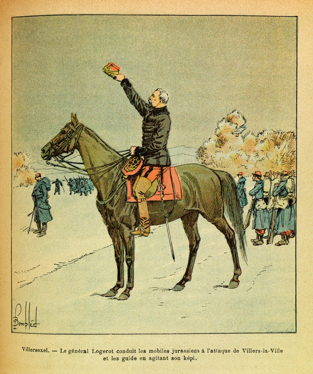 A Armee Oriental do Sargento Eugene, conhecida como Grenest, ilustrada por Louis Bombled (1862-1927) (Guerra Franco-Alemã; campanha de 1870 -1871): Batalha de Villersexel, janeiro de 1871, o General Logerot levou o celular jurassiano ao ataque de Villers L de Louis Charles Bombled
