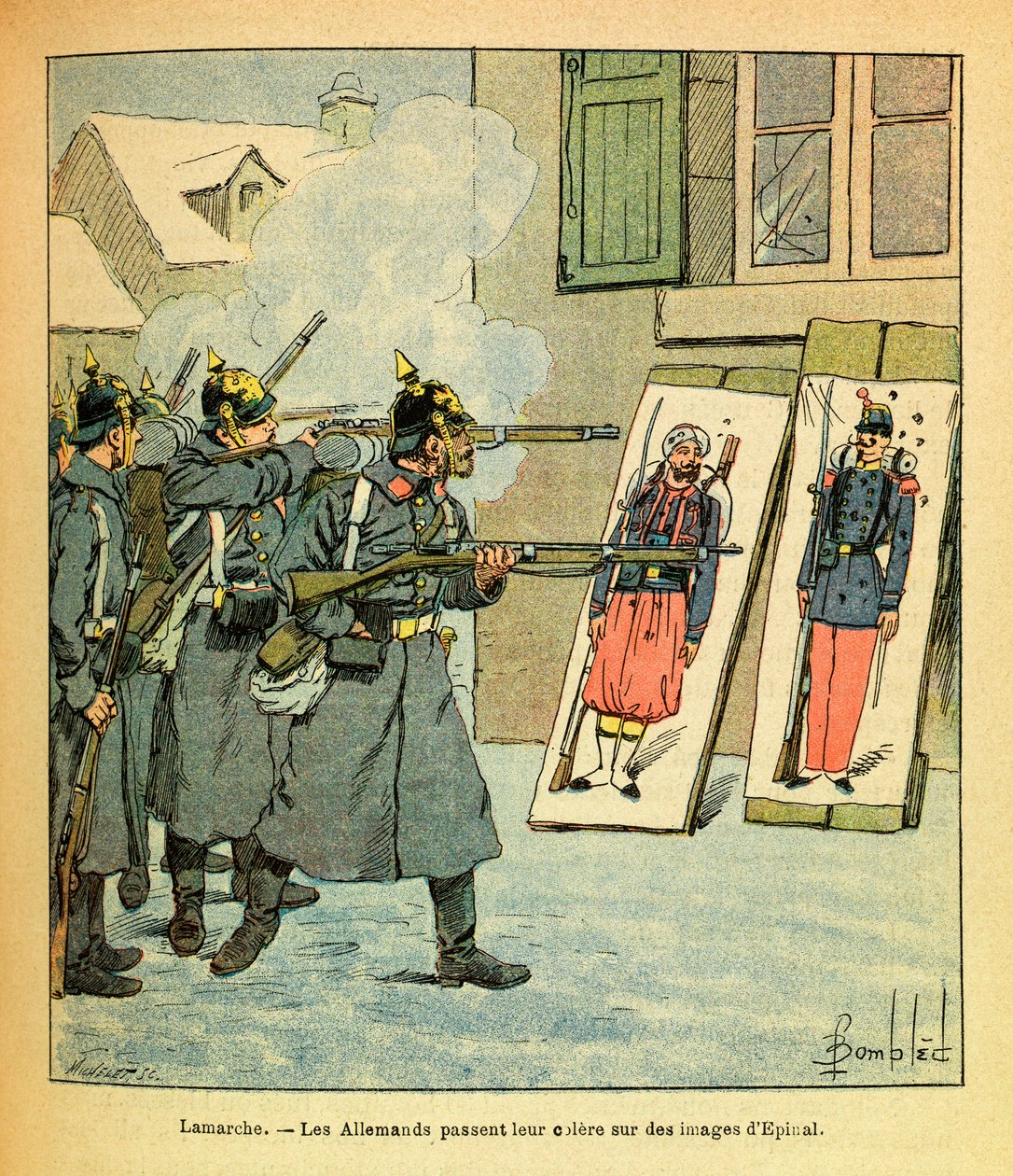A Armee Oriental do Sargento Eugene, conhecida como Grenest, ilustrada por Louis Bombled (1862-1927) (Guerra Franco-Alemã; campanha de 1870-1871): Em Lamarche, os soldados alemães gastam sua raiva em imagens de Epinal, Coleção Parcial de Louis Charles Bombled