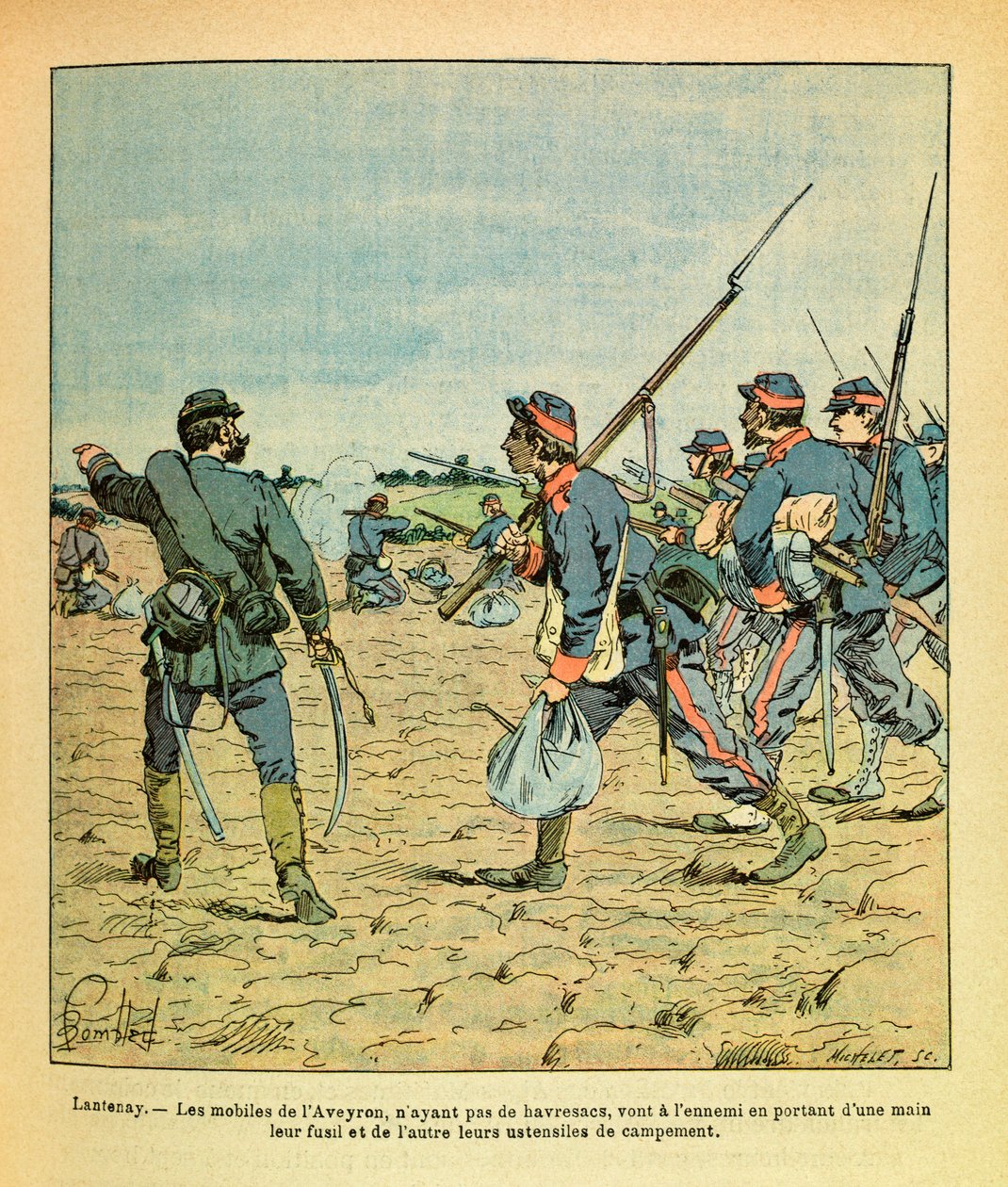 A Armee Oriental do Sargento Eugene, conhecida como Grenest, ilustrada por Louis Bombled (1862-1927) (Guerra Franco-Alemã; campanha de 1870 -1871): Batalha de Lantenay em novembro de 1870, os telefones celulares Aveyron, sem teresacs, vão para o inimigo ca de Louis Charles Bombled