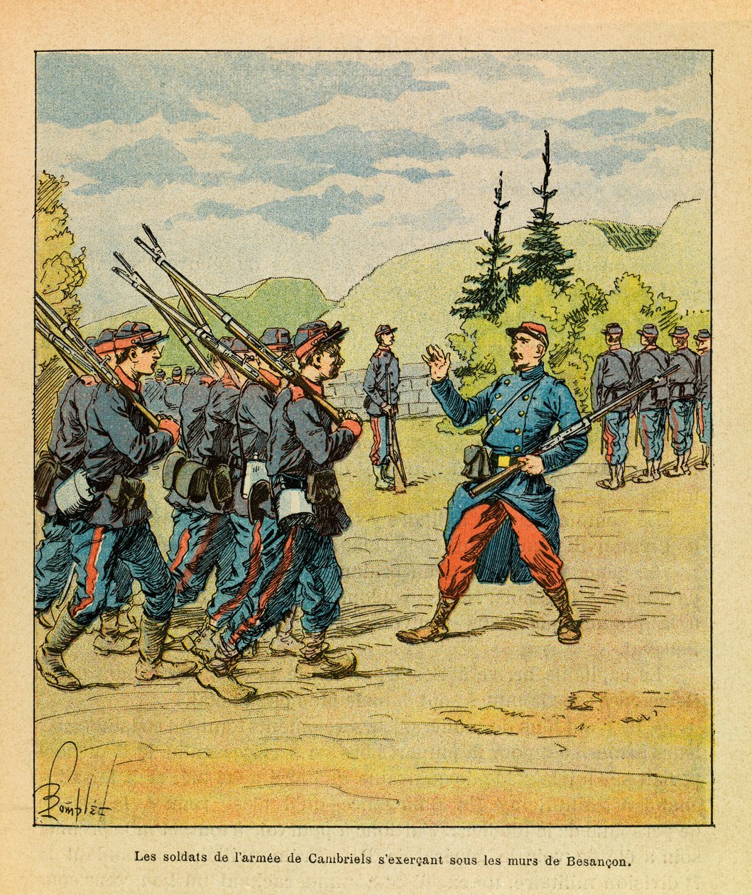 A Armee Oriental do Sargento Eugene, conhecida como Grenest, ilustrada por Louis Bombled (1862-1927) (Guerra Franco-Alemã; campanha de 1870 -1871): Os soldados do exército do General Cambriels praticando sob as muralhas de Besancon, Coleção Privada de Louis Charles Bombled
