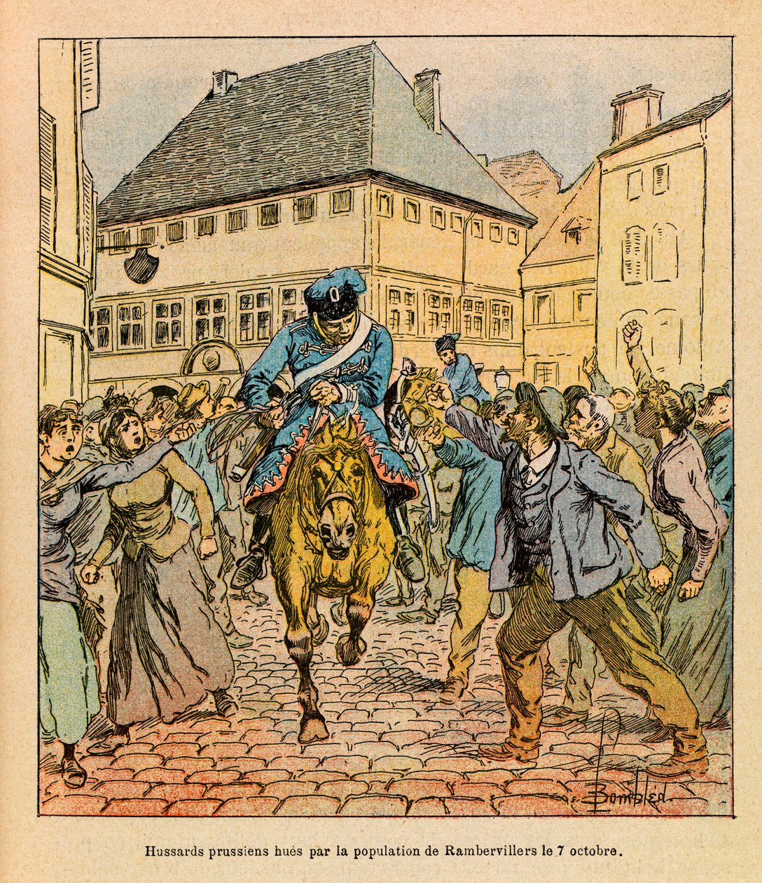 A Armee Oriental do Sargento Eugene, conhecida como Grenest, ilustrada por Louis Bombled (1862-1927) (Guerra Franco-Alemã; campanha de 1870-1871): O matiz vanguardista prussiano pela população de Rambervillers em 7 de outubro de Louis Charles Bombled