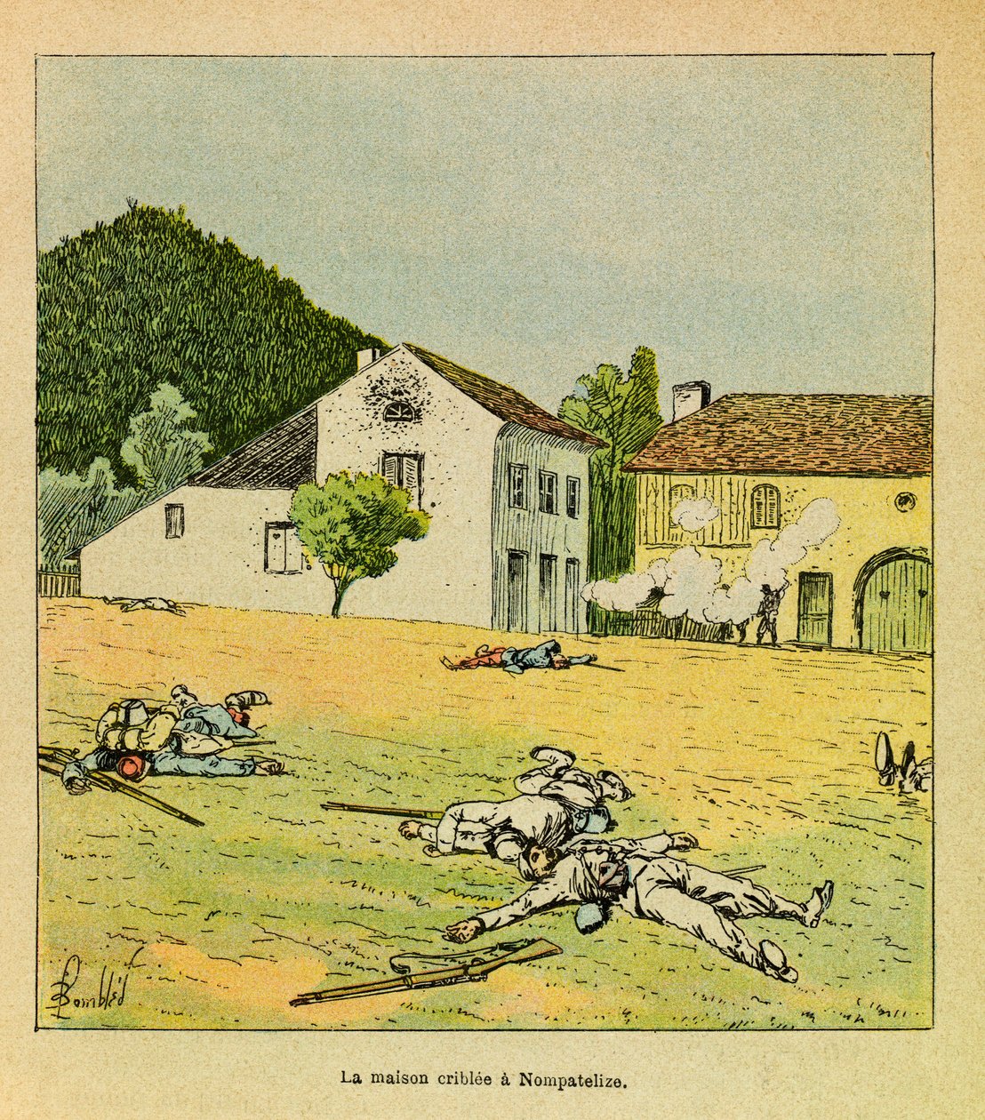 A Arma Oriental do Sargento Eugene, conhecida como Grenest, ilustrada por Louis Bombled (1862-1927) (Guerra Franco-Alemã; campanha de 1870-1871): uma casa peneirada durante a Batalha de Nompatelize em Outubro de 1870, Colecção Privada de Louis Charles Bombled