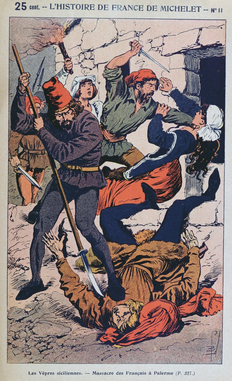 "As Vésperas da Sicília" (30 de março-final de abril de 1282), ilustração para uma história popular da França por Michele, c.1900 (gravura a cores) de Louis Charles Bombled