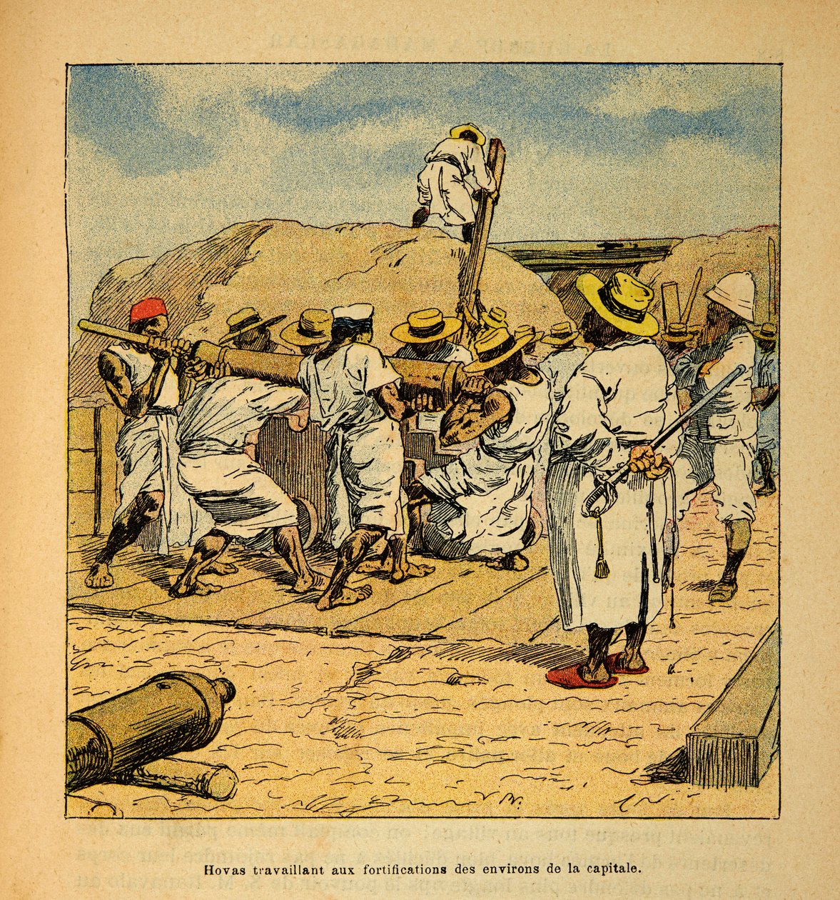 A Guerra em Madagáscar - História das Expedições Francesas de 1885-1895 por Henri Galli dit Galllichet (1854-1922), ilustrada por Louis Bombled (1862-1927): Hovas trabalhando nas fortificações da capital em 1895, Coleção Privada de Louis Charles Bombled