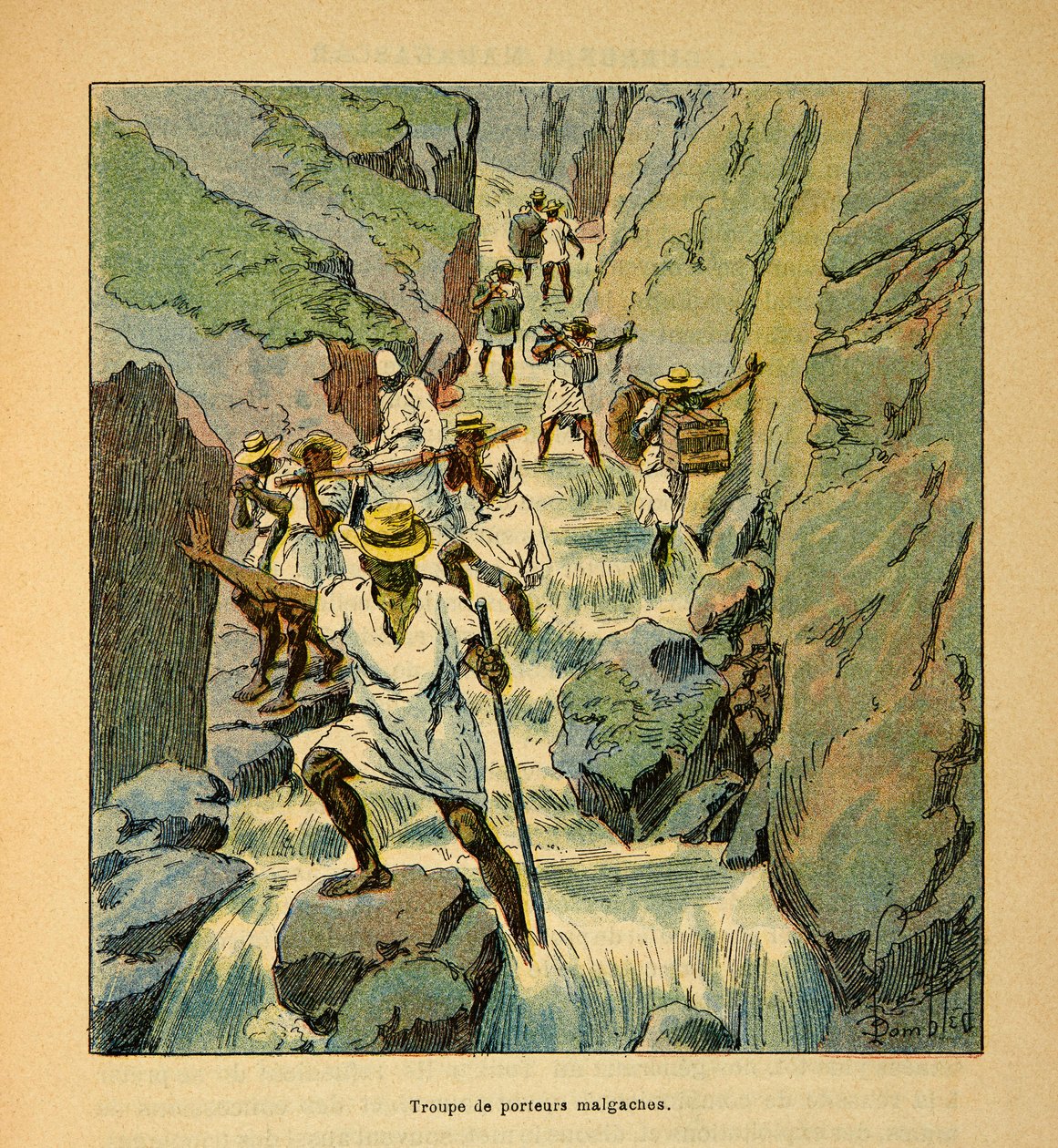 A Guerra em Madagáscar - História das Expedições Francesas de 1885-1895 por Henri Galli dit Galllichet (1854-1922), ilustrada por Louis Bombled (1862-1927): Tropa Malgaxe Carrier em 1895, Coleção Particular de Louis Charles Bombled