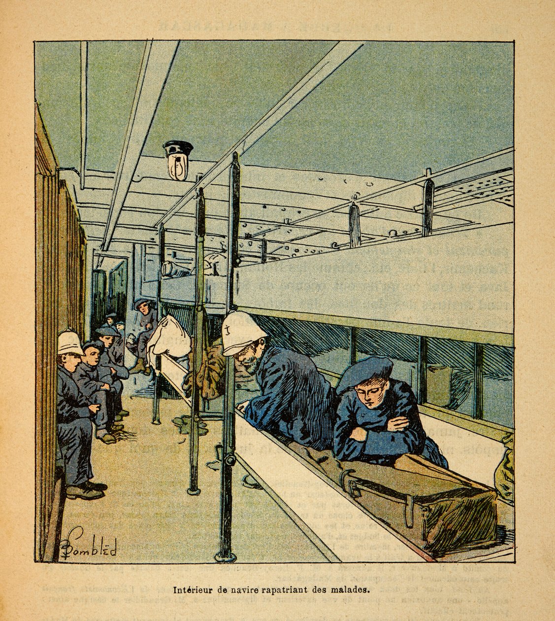 A Guerra em Madagáscar - História das Expedições Francesas de 1885-1895 por Henri Galli dit Galllichet (1854-1922), ilustrada por Louis Bombled (1862-1927): Interior de um navio hospital que repatriava soldados doentes, Coleção Privada de Louis Charles Bombled