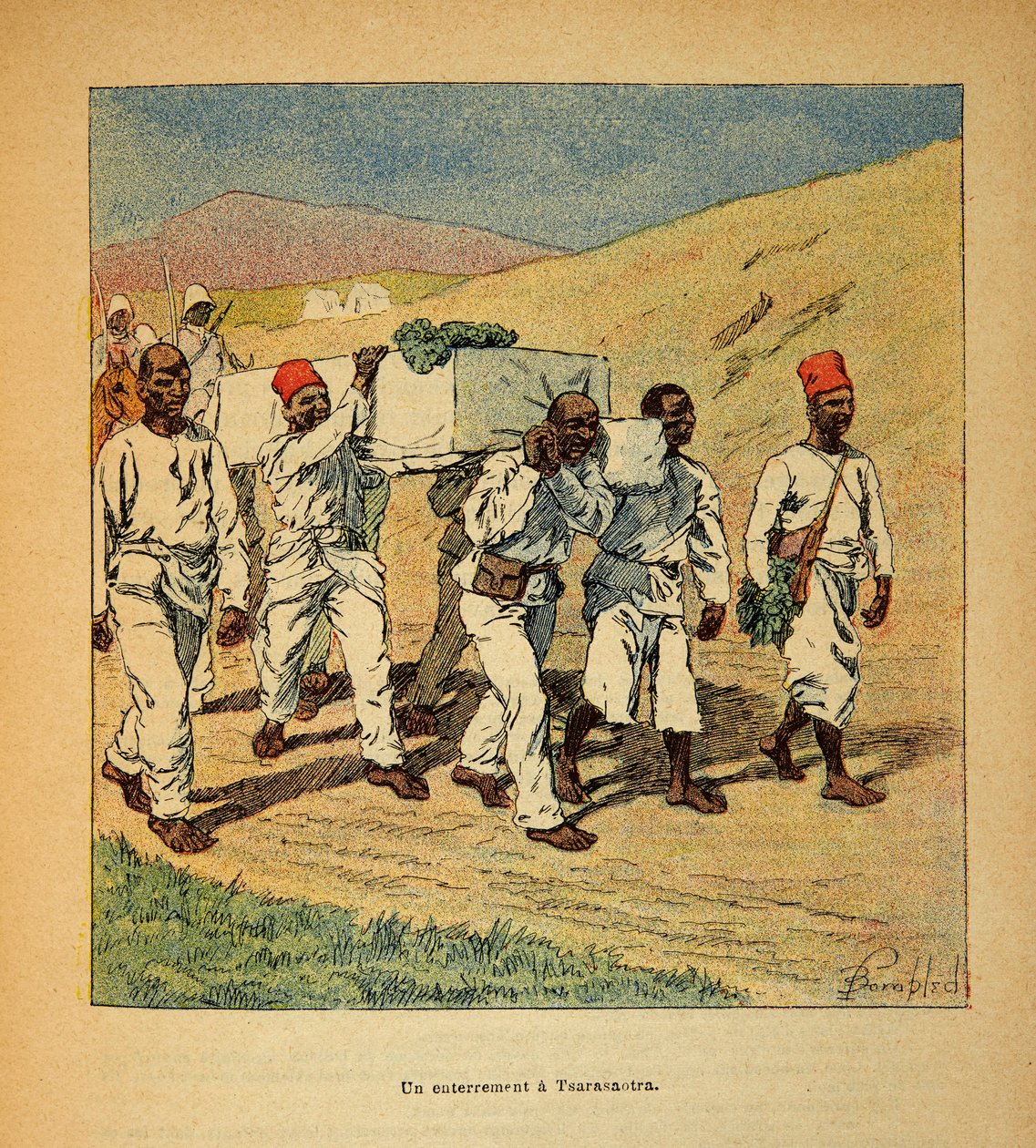 A Guerra em Madagáscar - História das Expedições Francesas de 1885-1895 por Henri Galli dit Galllichet (1854-1922), ilustrada por Louis Bombled (1862-1927): Enterro de um soldado em tsarasaotra em 1895, Coleção Privada de Louis Charles Bombled
