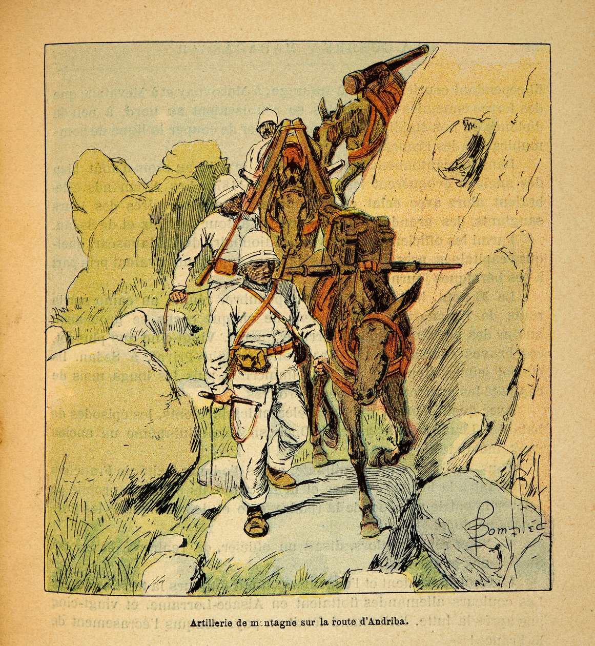 A Guerra em Madagáscar - História das Expedições Francesas de 1885-1895 por Henri Galli dit Galllichet (1854-1922), ilustrada por Louis Bombled (1862-1927): Artilharia de montanha na estrada Andriba para Madagáscar em 1895, Coleção Particular de Louis Charles Bombled