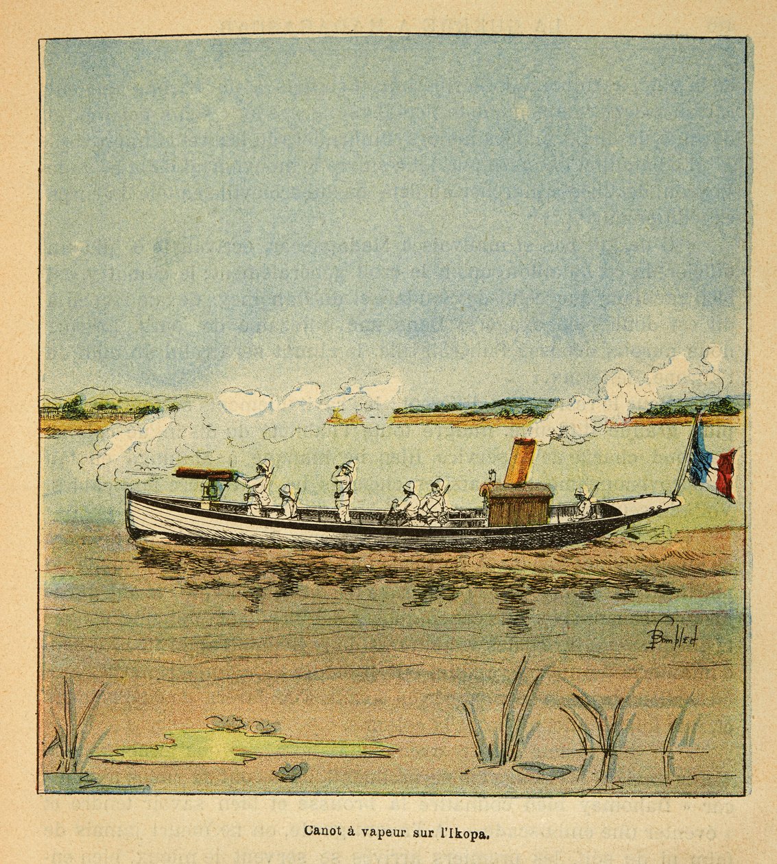 A Guerra em Madagáscar - História das Expedições Francesas de 1885-1895 por Henri Galli dit Galllichet (1854-1922), ilustrada por Louis Bombled (1862-1927): Canonniere francês sobre o rio Ikopa em Madagáscar em 1895, Coleção Particular de Louis Charles Bombled