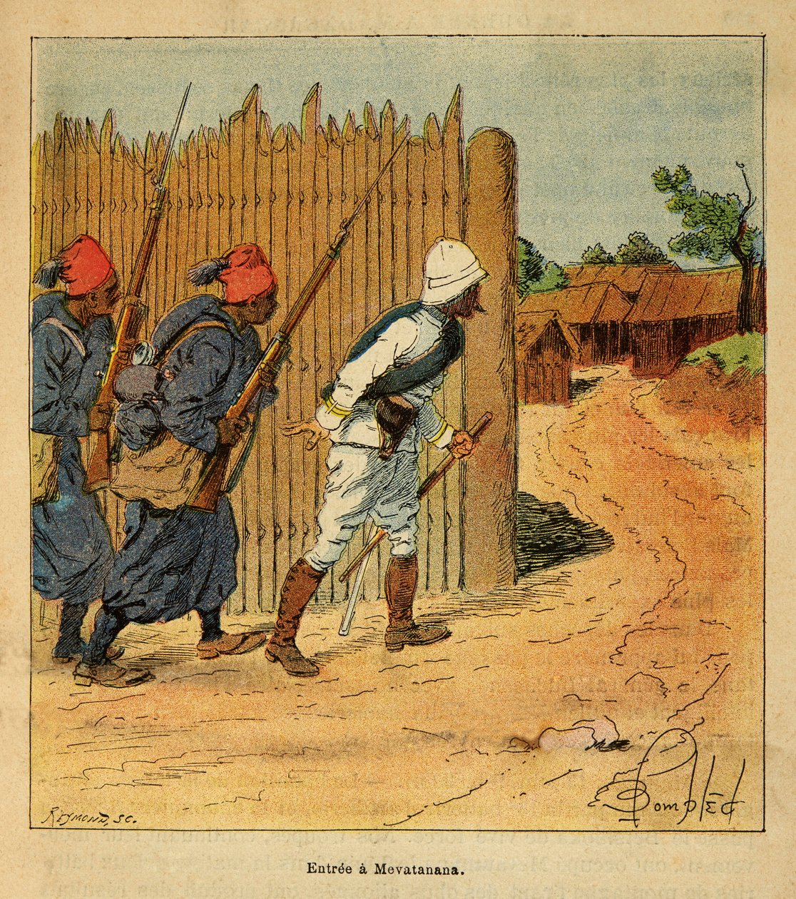 A Guerra em Madagáscar - História das Expedições Francesas de 1885-1895 por Henri Galli dit Galllichet (1854-1922), ilustrada por Louis Bombled (1862-1927): Tropas francesas entraram na aldeia de Mevatanana em 1895, Colecção Privada de Louis Charles Bombled