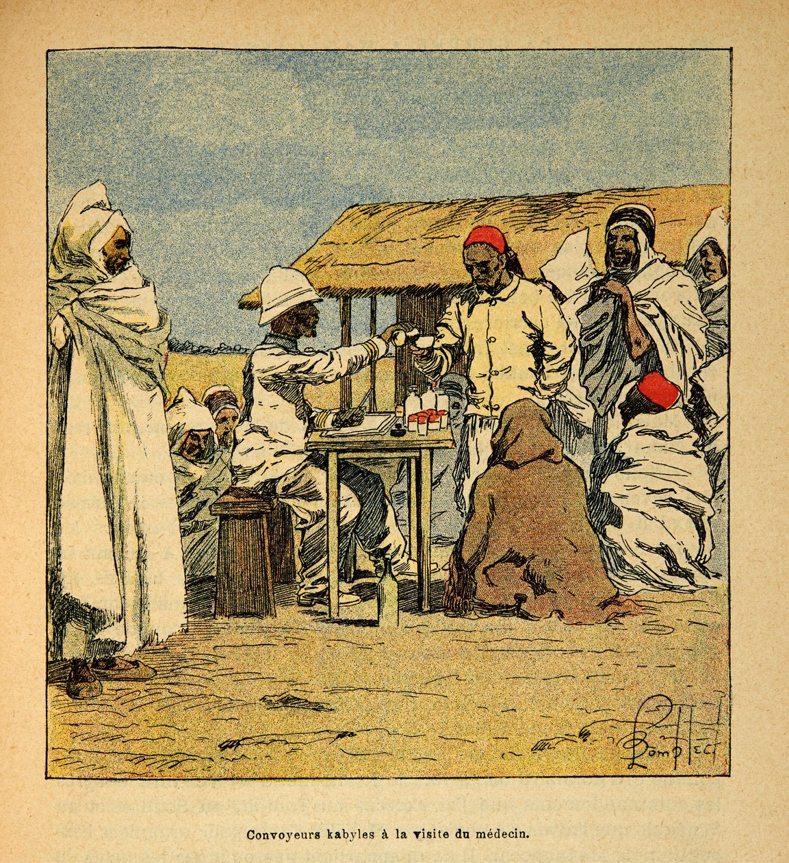 A Guerra em Madagáscar - História das Expedições Francesas de 1885-1895 por Henri Galli dit Galllichet (1854-1922), ilustrada por Louis Bombled (1862-1927): Convoeiros Kabiles uma visita de um médico militar, Colecção Privada de Louis Charles Bombled