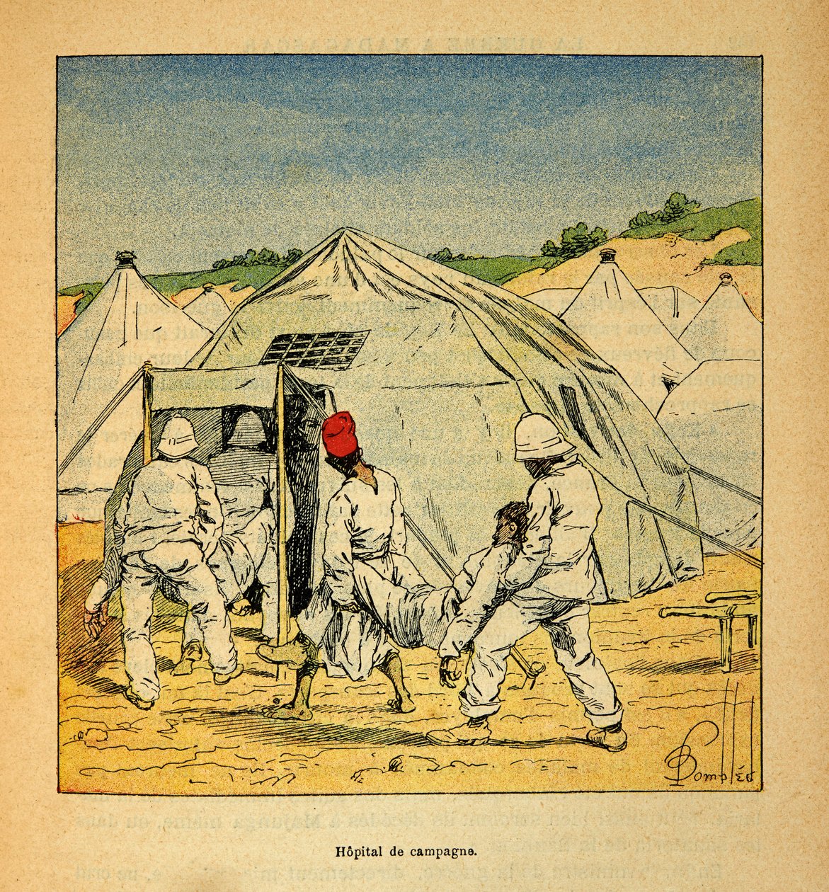 A Guerra em Madagáscar - História das Expedições Francesas de 1885-1895 por Henri Galli dit Galllichet (1854-1922), ilustrada por Louis Bombled (1862-1927): Hospital de Campo Militar em Madagáscar em 1895, Coleção Particular de Louis Charles Bombled