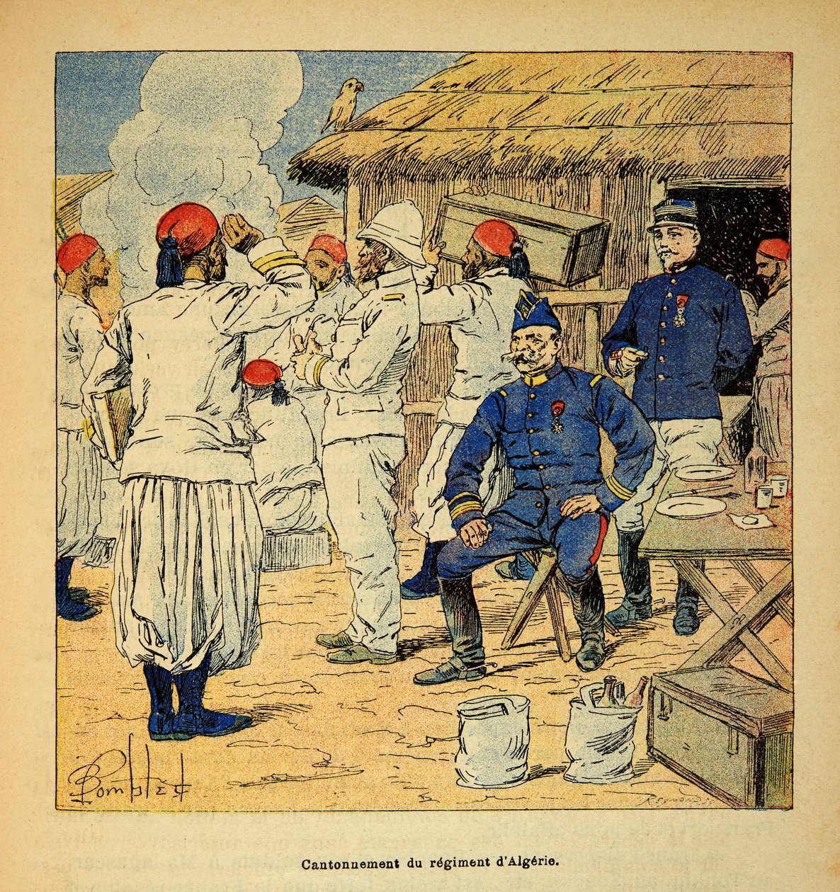 A Guerra em Madagáscar - História das Expedições Francesas de 1885-1895 por Henri Galli dit Galllichet (1854-1922), ilustrada por Louis Bombled (1862-1927): Cantonation of the Regiment of Algeria during the French Expedition to Madagascar in 1895, P de Louis Charles Bombled