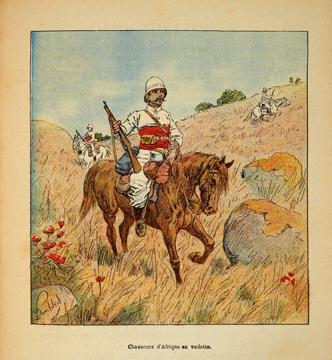A Guerra em Madagáscar - História das Expedições Francesas de 1885-1895 por Henri Galli dit Galllichet (1854-1922), ilustrada por Louis Bombled (1862-1927): Caçador da África em escotismo em Madagáscar em 1895, Coleção Privada de Louis Charles Bombled