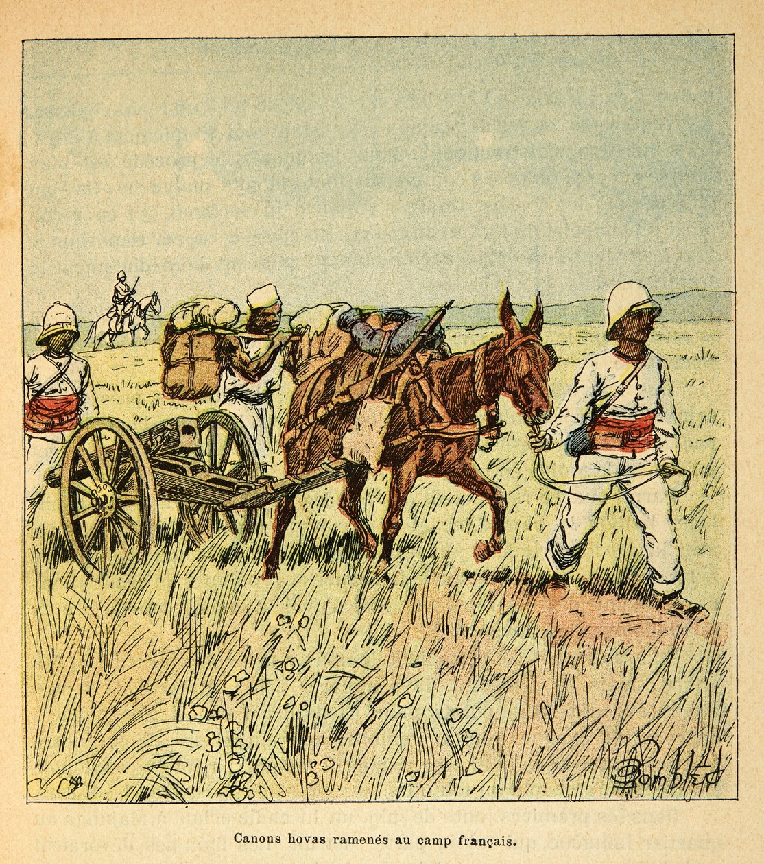 A Guerra em Madagáscar - História das Expedições Francesas de 1885-1895 por Henri Galli dit Galllichet (1854-1922), ilustrada por Louis Bombled (1862-1927): cânones de Hovas trazidos de volta ao acampamento francês, coleção particular de Louis Charles Bombled