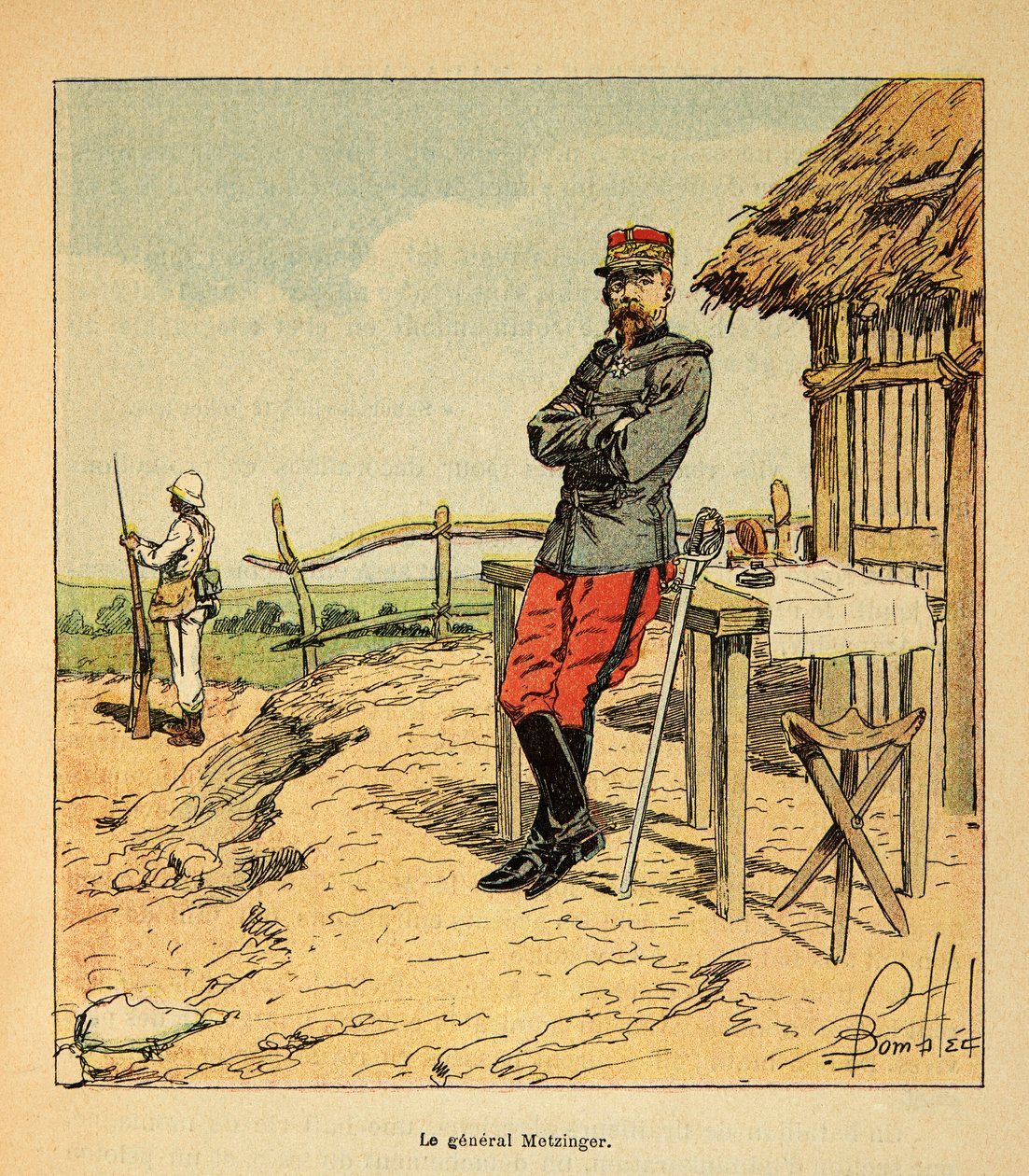 A Guerra em Madagáscar - História das Expedições Francesas de 1885-1895 por Henri Galli dit Galllichet (1854-1922), ilustrada por Louis Bombled (1862-1927): Retrato do General Metzinger em Madagáscar em 1895, Coleção Particular de Louis Charles Bombled