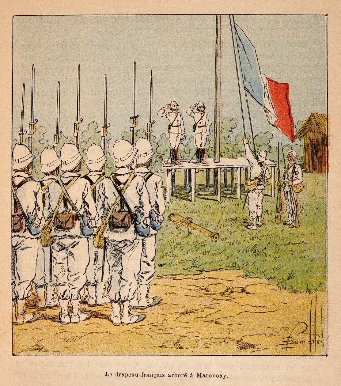 A Guerra em Madagáscar - História das Expedições Francesas de 1885-1895 por Henri Galli dit Galllichet (1854-1922), ilustrada por Louis Bombled (1862-1927): A Bandeira Francesa flutua na Marovoay em 1895, Coleção Privada de Louis Charles Bombled