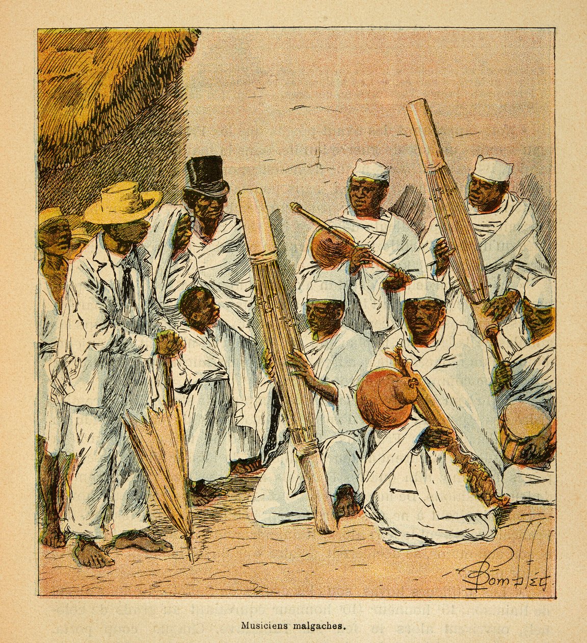 A Guerra em Madagáscar - História das Expedições Francesas de 1885-1895 por Henri Galli dit Galllichet (1854-1922), ilustrada por Louis Bombled (1862-1927): Músicos malgaxes do século XIX, Coleção Particular de Louis Charles Bombled