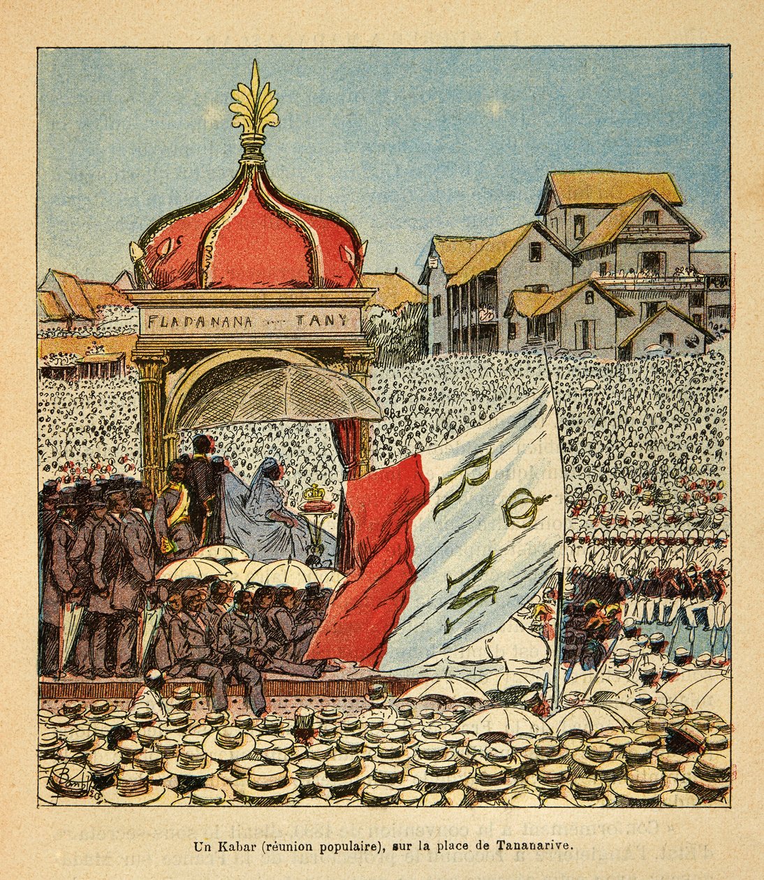 A Guerra em Madagáscar - História das Expedições Francesas de 1885-1895 por Henri Galli dit Galllichet (1854-1922), ilustrada por Louis Bombled (1862-1927): Um Kabar (encontro popular) na Praça Tananarive, no século XIX, na presença do Qu de Louis Charles Bombled