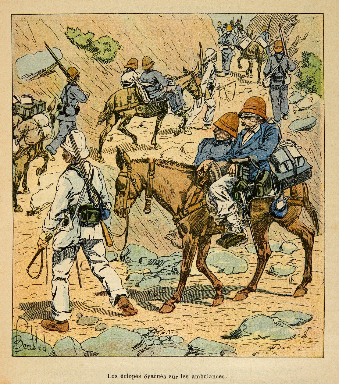 A Guerra em Madagáscar - História das Expedições Francesas de 1885-1895 por Henri Galli dit Galllichet (1854-1922), ilustrada por Louis Bombled (1862-1927): Os Eclopes do Braço Escapa nas Ambulâncias da Fortuna em Madagáscar, Coleção Particular de Louis Charles Bombled