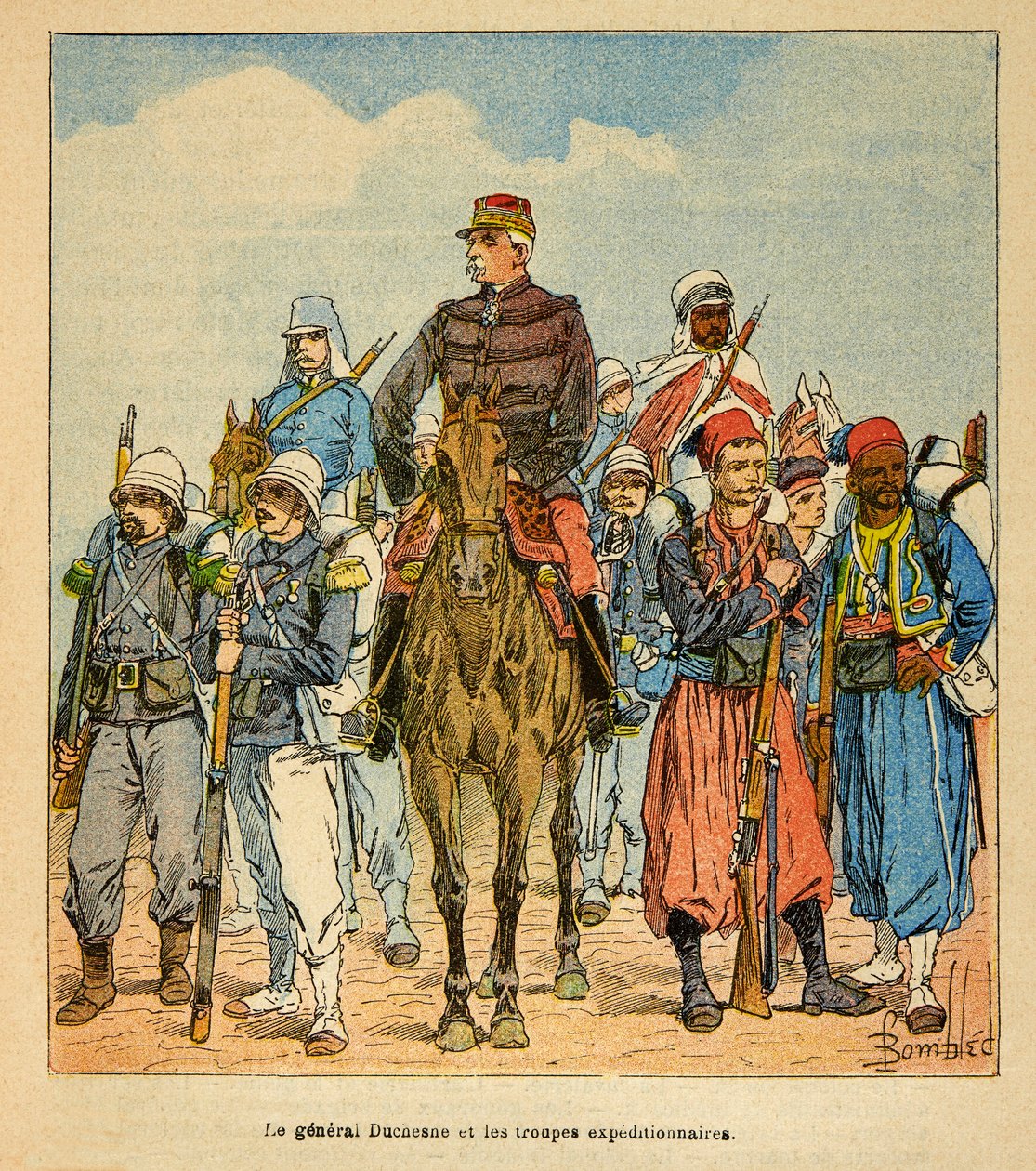 A Guerra em Madagáscar - História das Expedições Francesas de 1885-1895 por Henri Galli dit Galllichet (1854-1922), ilustrada por Louis Bombled (1862-1927): General Duchesne com as Tropas Expedicionárias de Madagáscar, Coleção Particular de Louis Charles Bombled