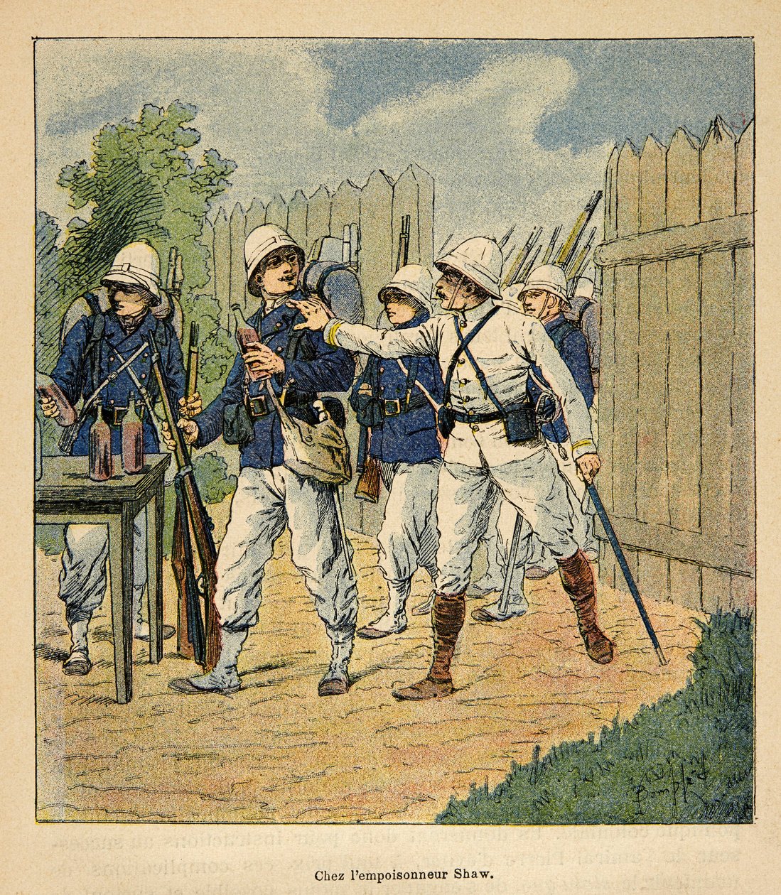 A Guerra em Madagáscar - História das Expedições Francesas de 1885-1895 por Henri Galli dit Galllichet (1854-1922), ilustrada por Louis Bombled (1862-1927): Tropas francesas no envenenador Shaw em 1884 (pastor metodista inglês que tinha deixado o b de Louis Charles Bombled