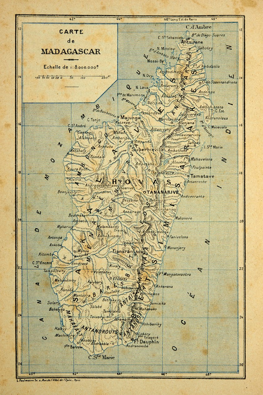 A Guerra em Madagáscar - História das Expedições Francesas de 1885-1895 por Henri Galli dit Galllichet (1854-1922), ilustrada por Louis Bombled (1862-1927): Mapa de Madagáscar, Coleção Particular de Louis Charles Bombled