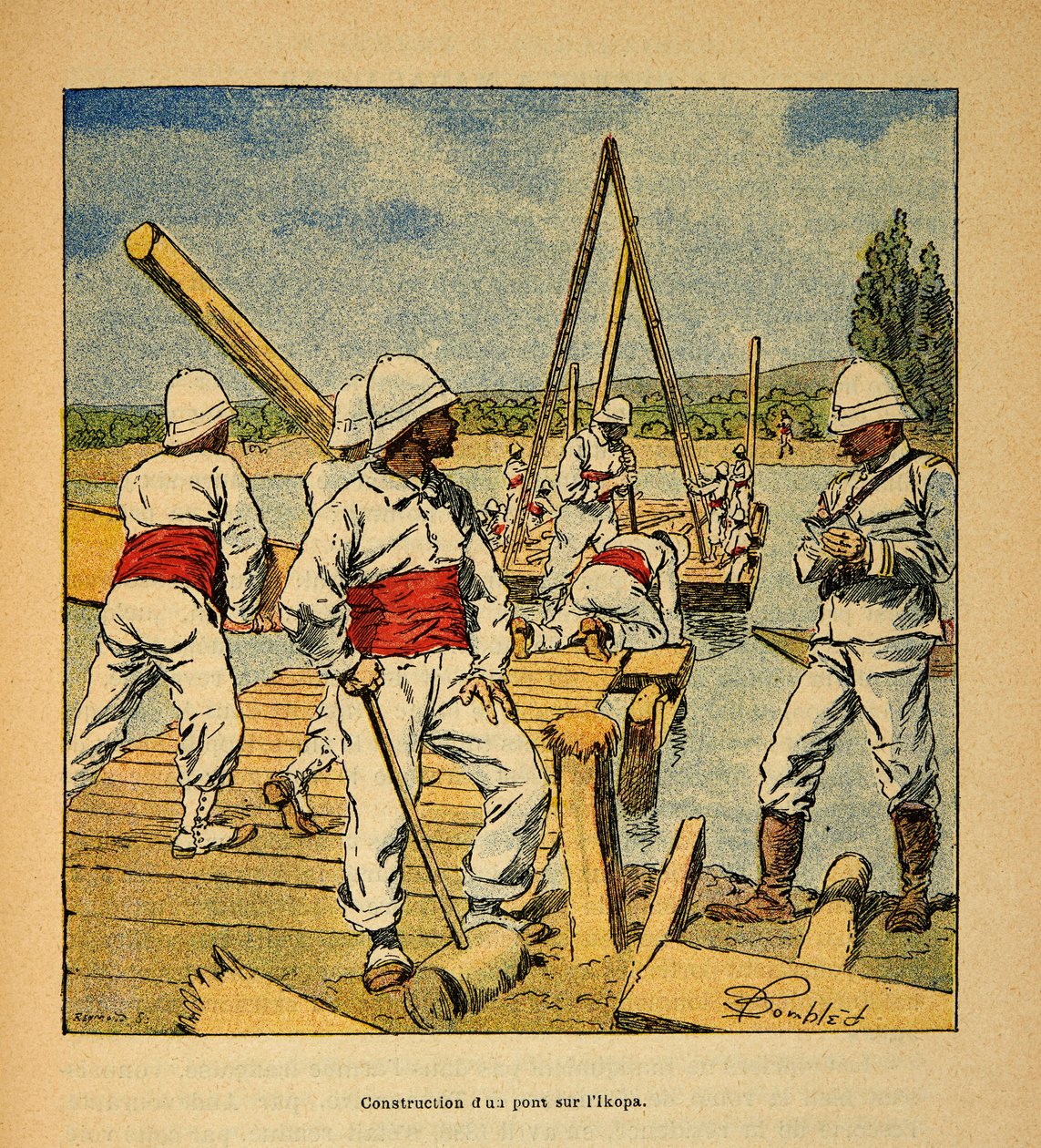 A Guerra em Madagáscar - História das Expedições Francesas de 1885-1895 por Henri Galli dit Galllichet (1854-1922), ilustrada por Louis Bombled (1862-1927): Construção de uma ponte pelo gênio no rio Ikopa em 1895, Coleção Particular de Louis Charles Bombled