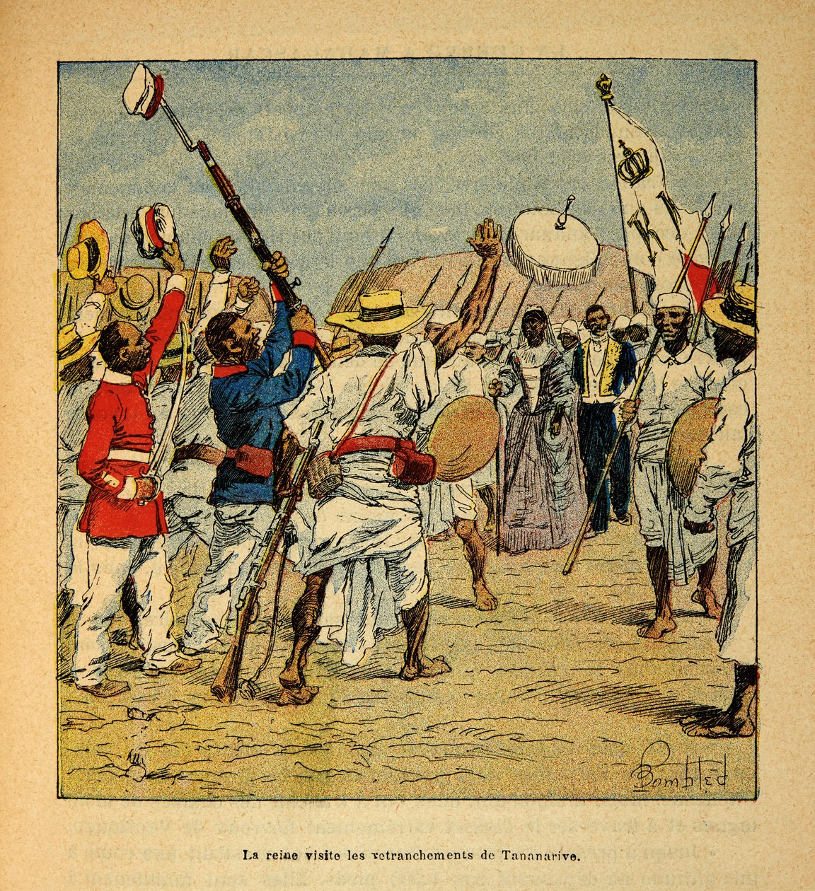 A Guerra em Madagáscar - História das Expedições Francesas de 1885-1895 por Henri Galli dit Galllichet (1854-1922), ilustrada por Louis Bombled (1862-1927): A Rainha Ranavalona visita as trincheiras de Tananarive em 1895, Coleção Particular de Louis Charles Bombled